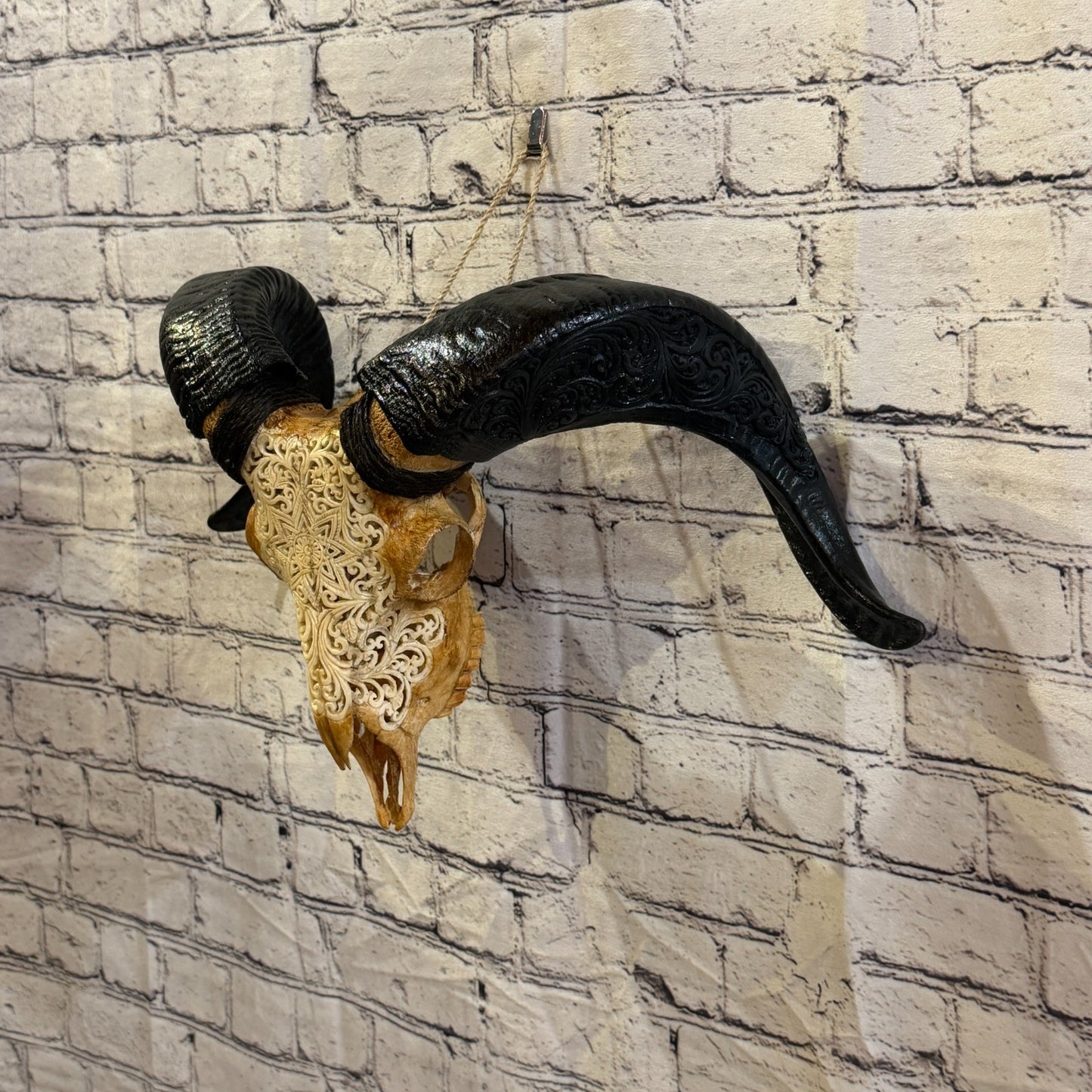 30cm Carved Buffalo Ram Wild Skulls Wall Hanging Carved With Stand Design 11