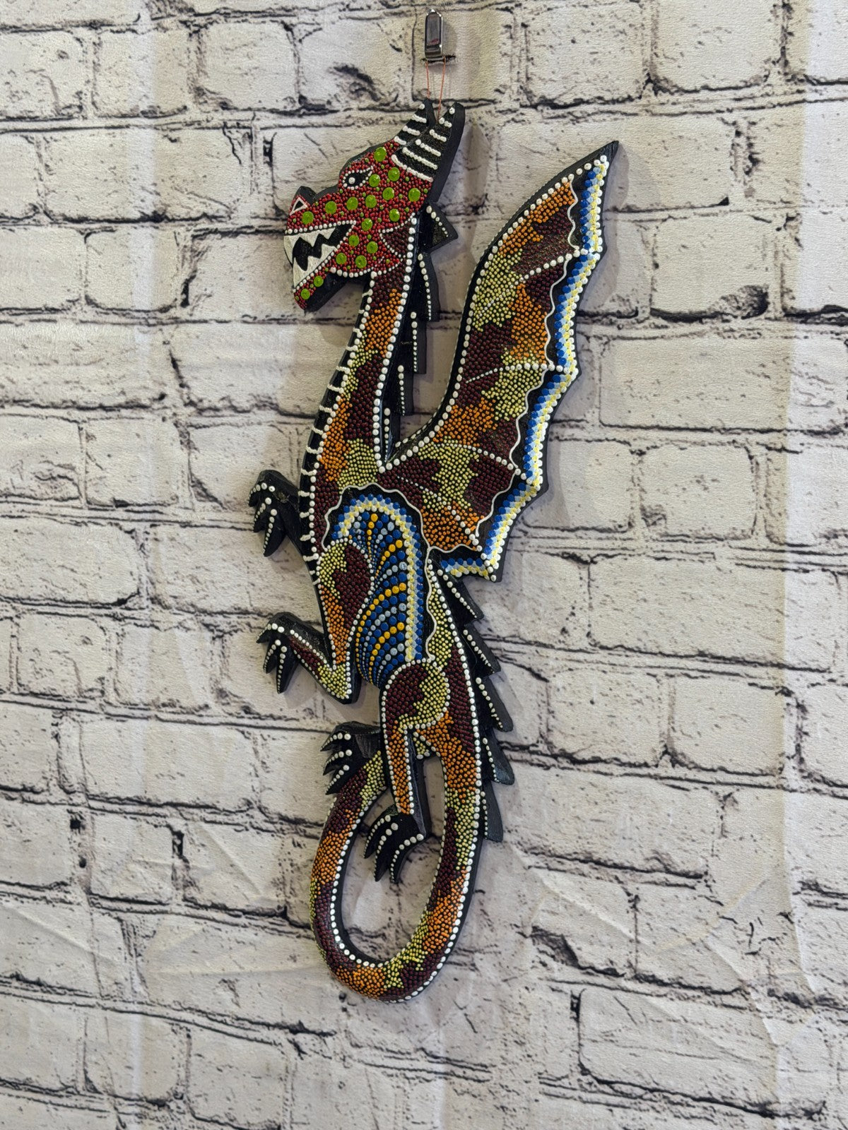 45cm Dragon Carved Wooden Dot Painted Ethnic Tribal Tiki Wall Art No 11