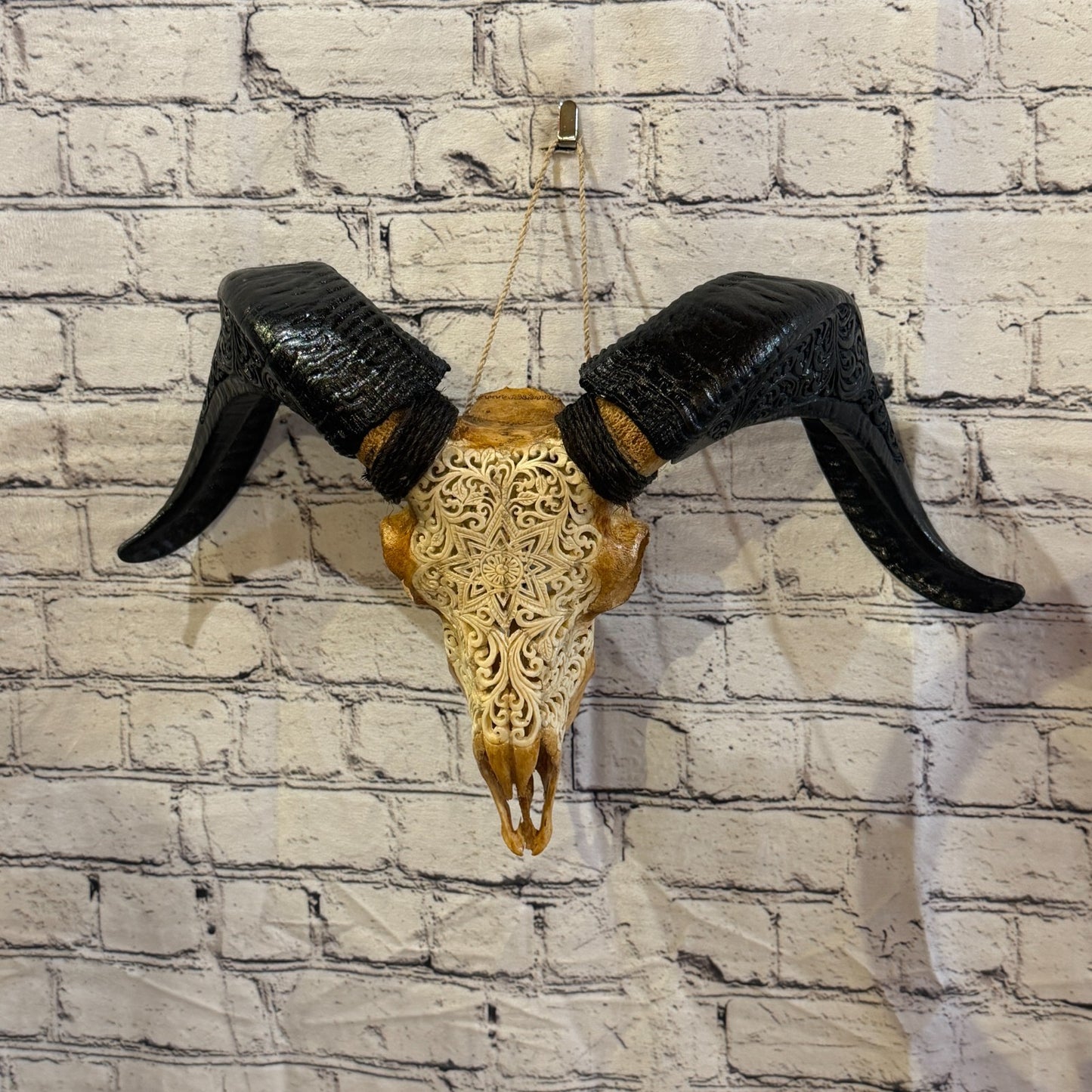 30cm Carved Buffalo Ram Wild Skulls Wall Hanging Carved With Stand Design 12