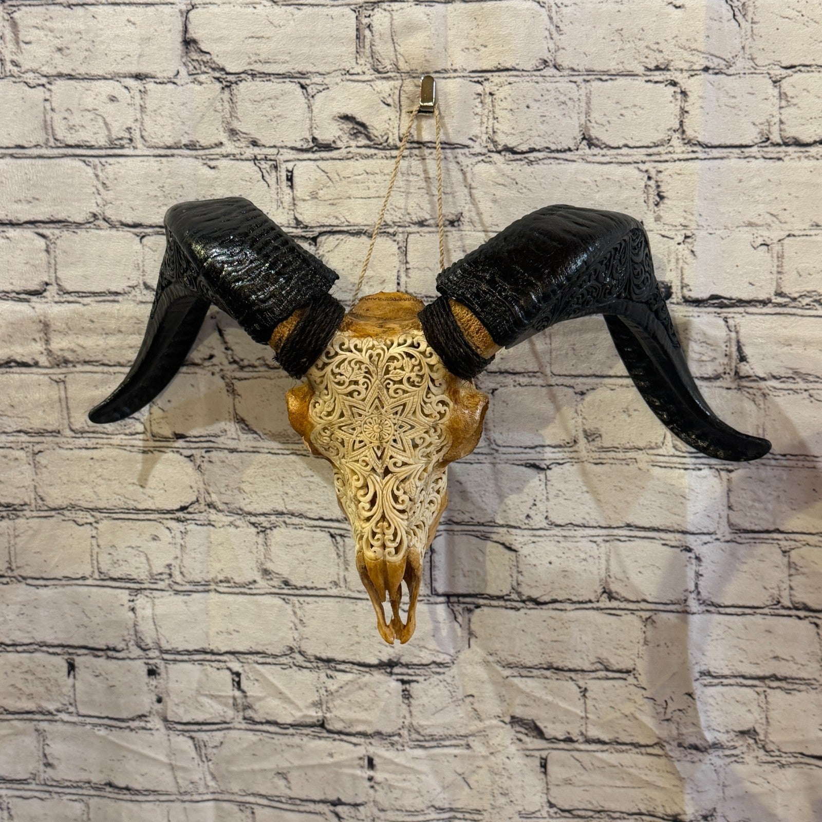 30cm Carved Buffalo Ram Wild Skulls Wall Hanging Carved With Stand Design 12