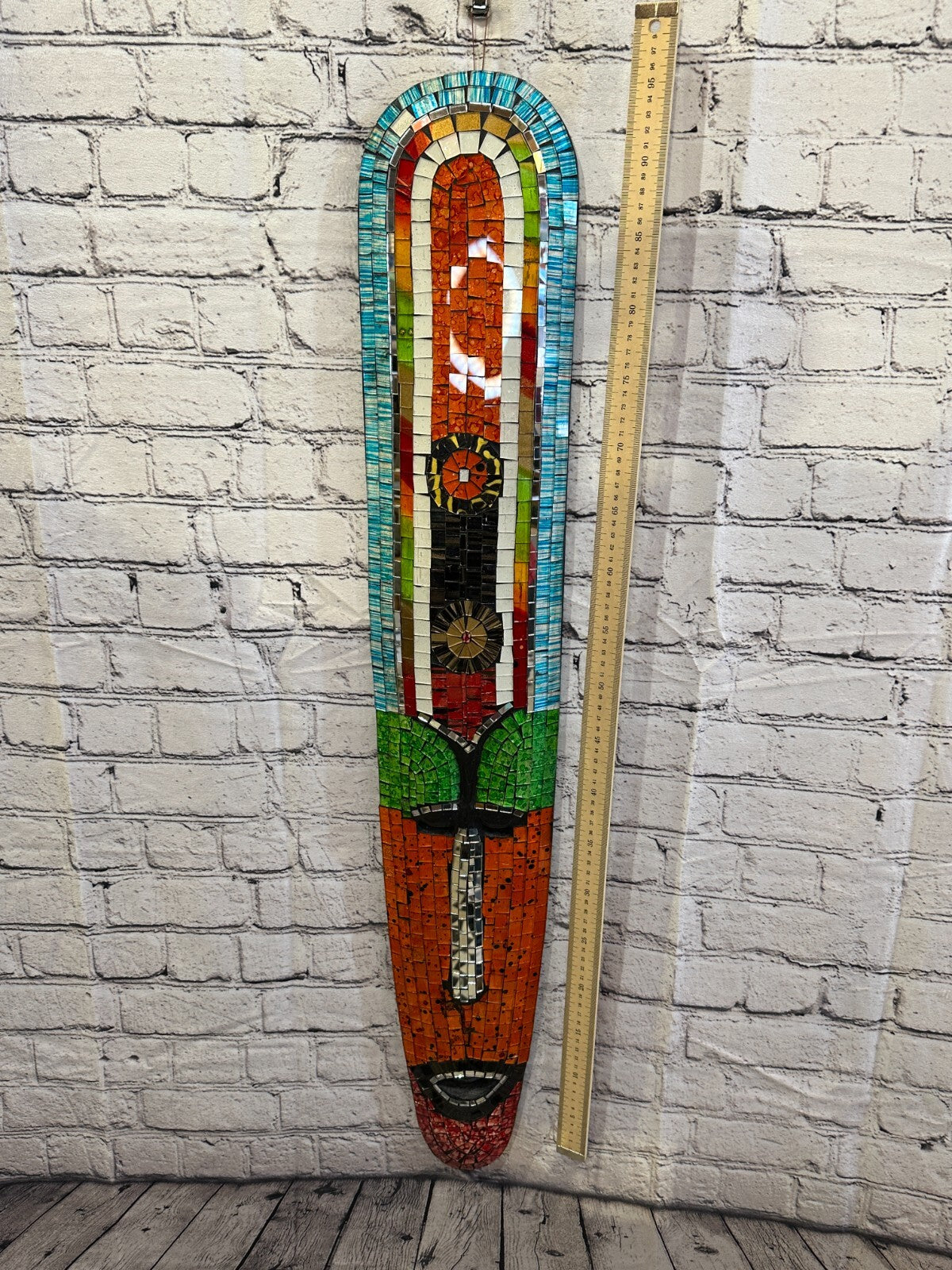 100cm Mosaic Mirror Mask Carved Painted Ethnic Tribal Wall Art Handmade Design 43