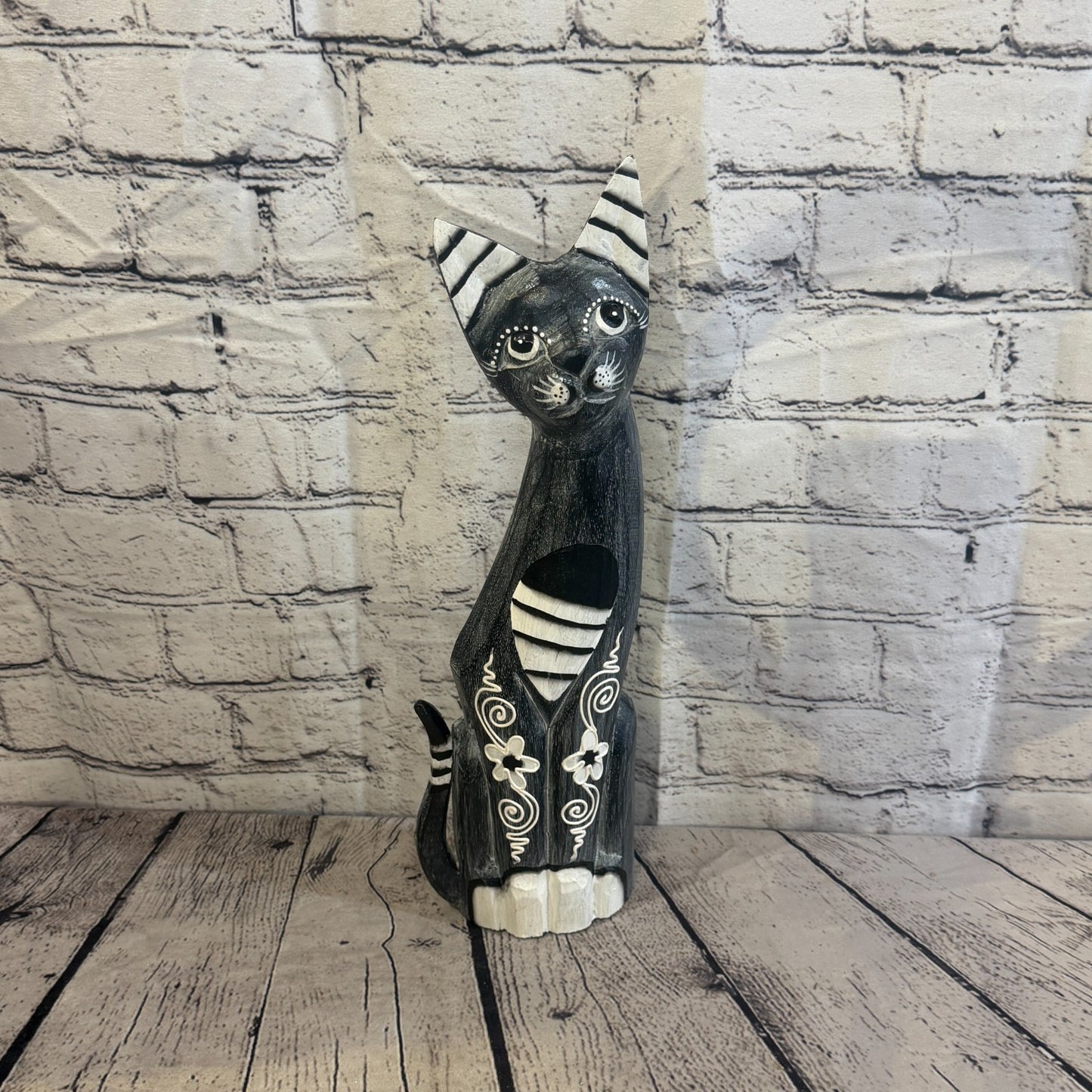 40cm Grey Flower Wooden Shabby Cat Statue Ornament Fair Trade Handcarved0