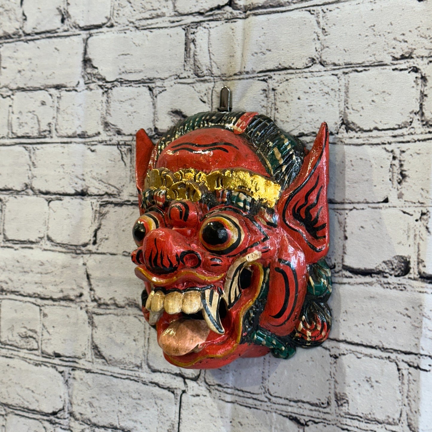 Large Wooden Red Barong Wall Mask 20cm x 20cm Handmade And Fairtrade Hindu1
