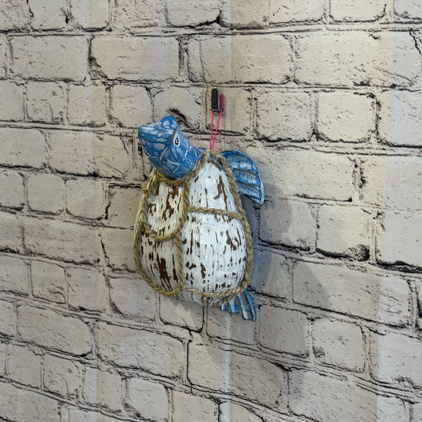 White Body Blue Folk Art Painted Turtle Coconut Shell Ornaments Hanging Decor10