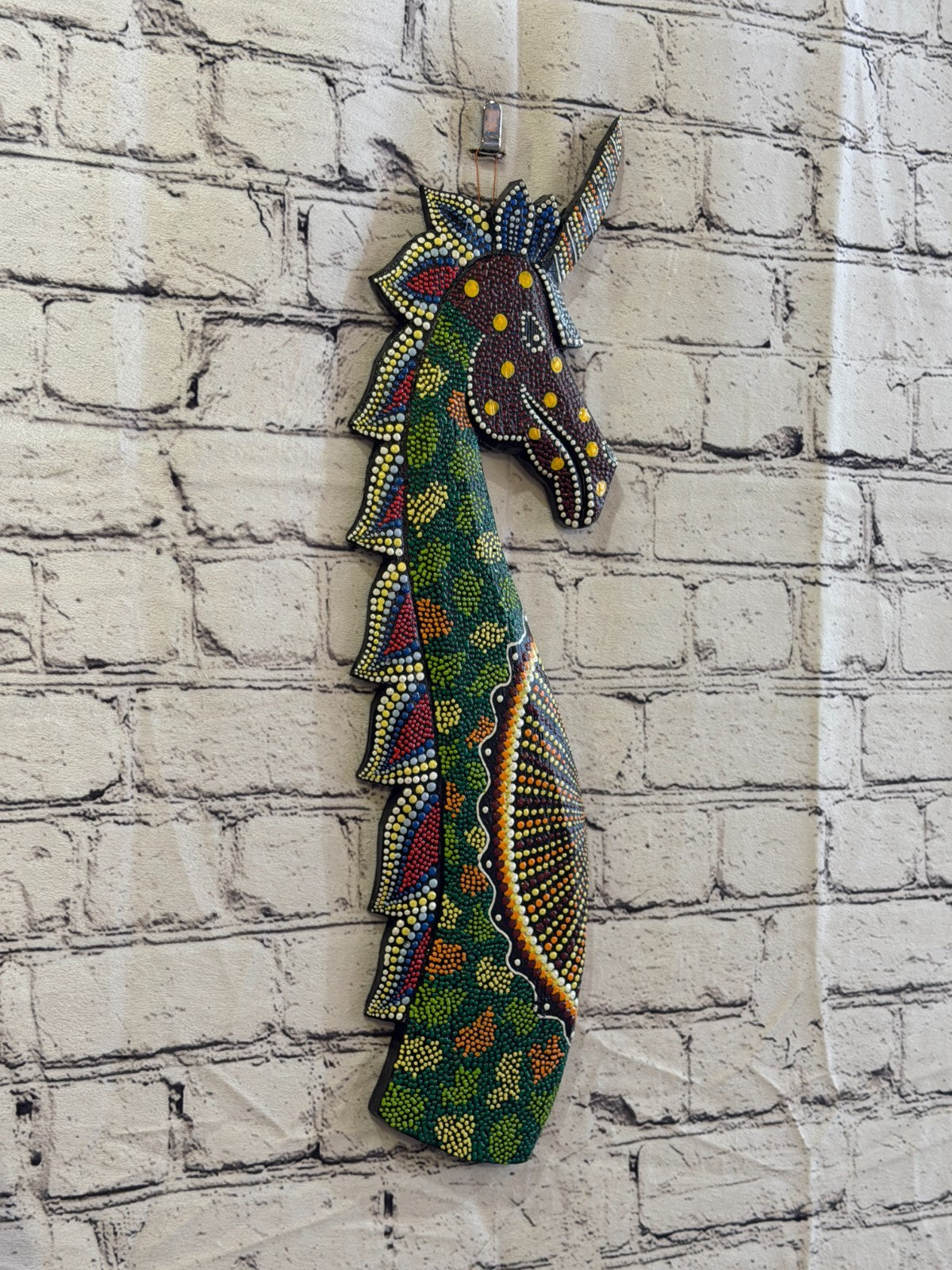 45cm Unicorn Carved Wooden Dot Painted Ethnic Tribal Tiki Wall Art No 50