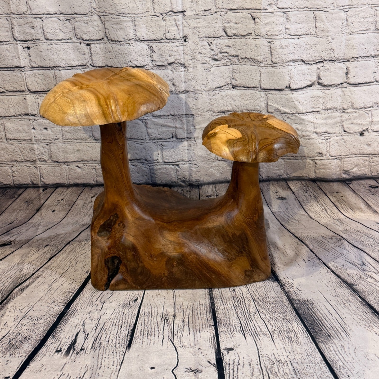 45cm x 40cm Double Wooden Mushroom Toadstool Sculpture Garden Teak Root Ornament1