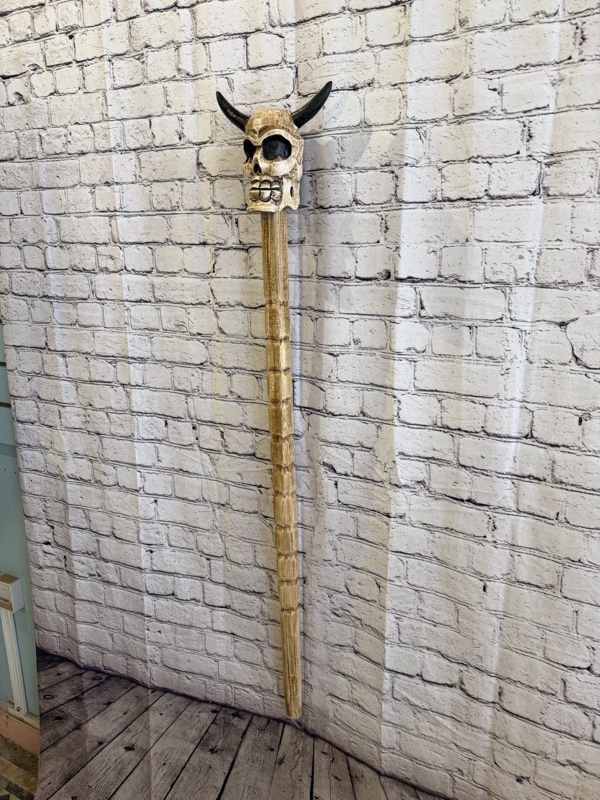110cm Skeleton Skull With Horns Wood Stick Hand Carved Halloween Walking Staff1