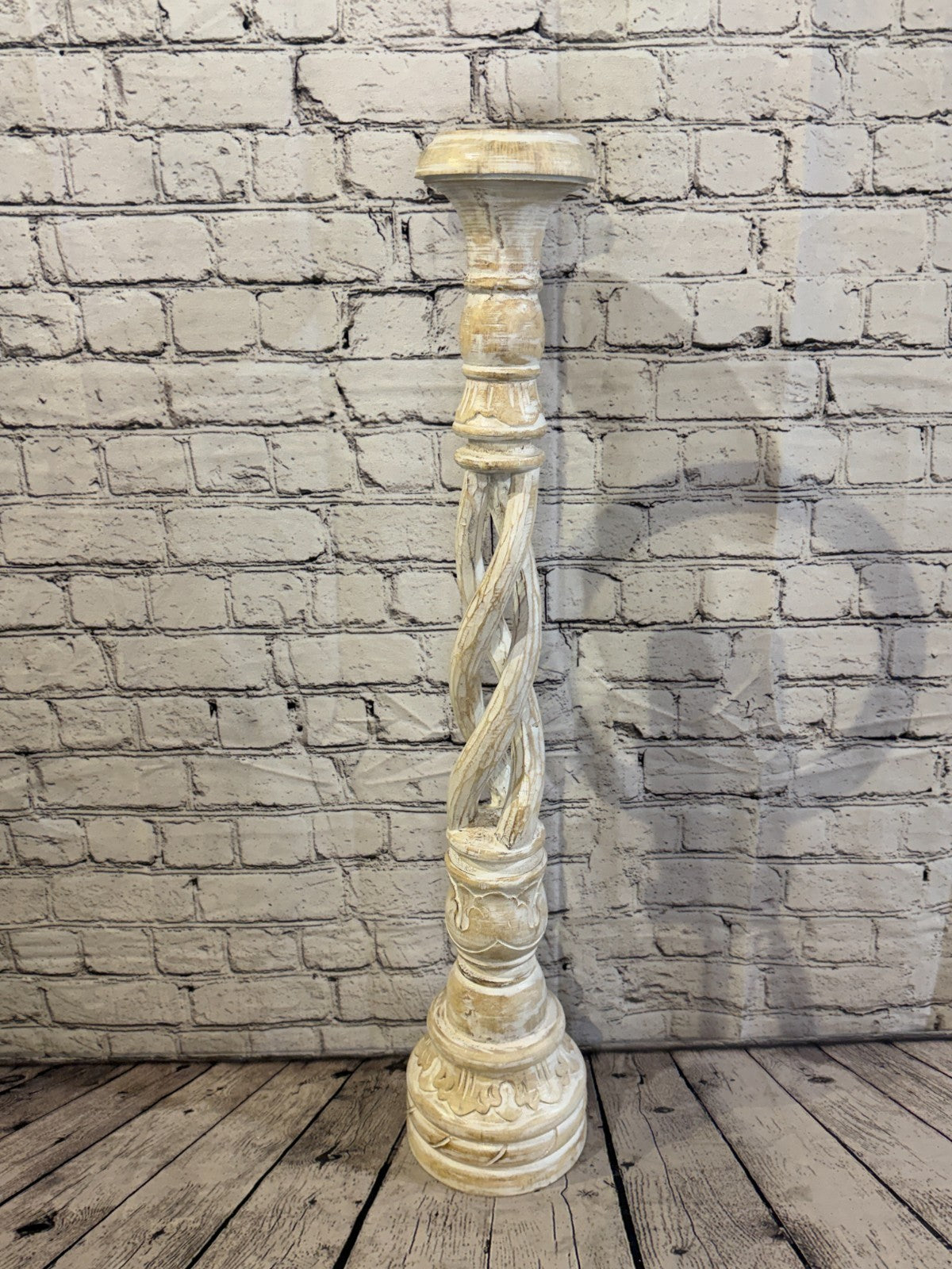 80cm x 18cm White Twist Wooden Vintage Style Candle Stand Shabby Pillar Holders2