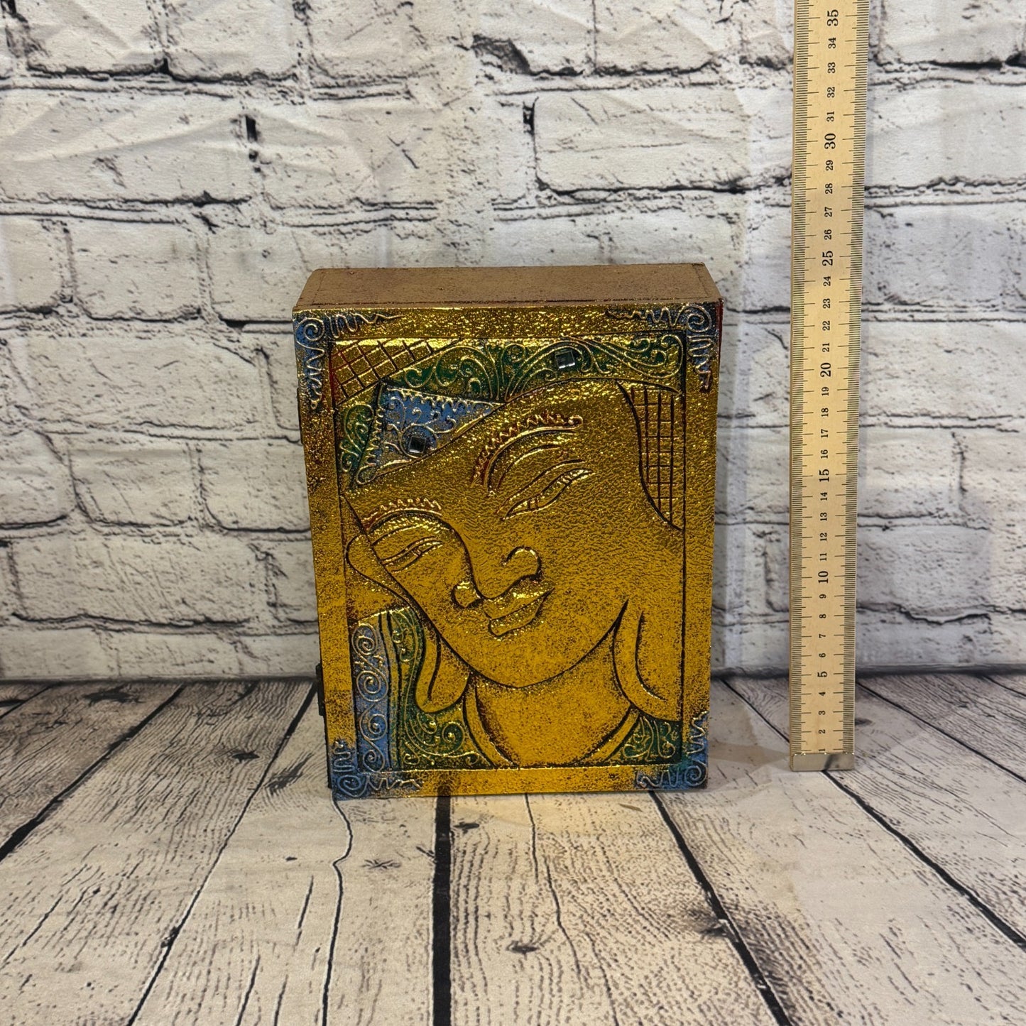 Bright Gold Thai Buddha Head Edge 25cm x 18cm x 7cm Wooden Box Trinket Handmade4