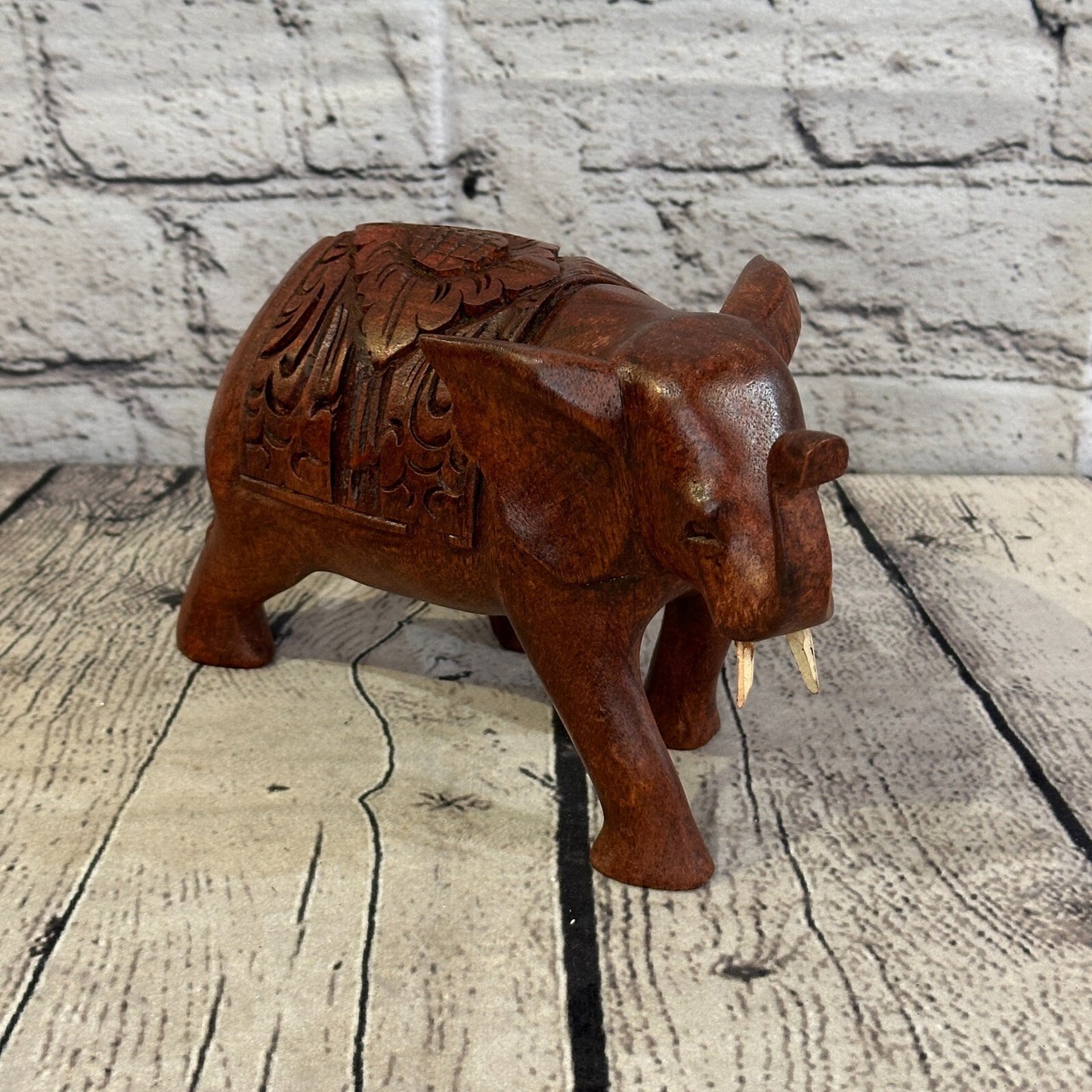 18cm x 12cm Carved Wooden Baby Elephant Wood Brown Sculpture Retro Handmade0