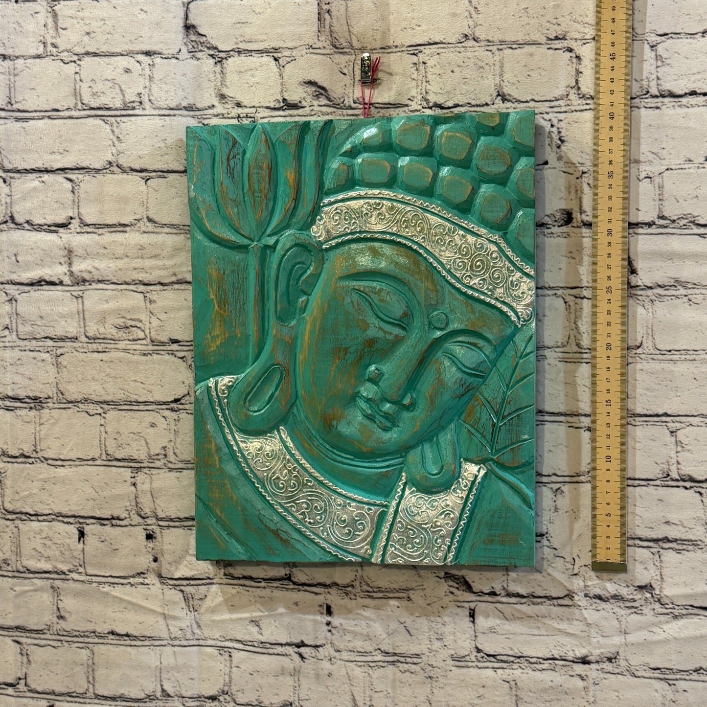 Wooden Wood Panel 40cm Silver Teal Buddha Lotus Wall Art Plaque Handcarved4