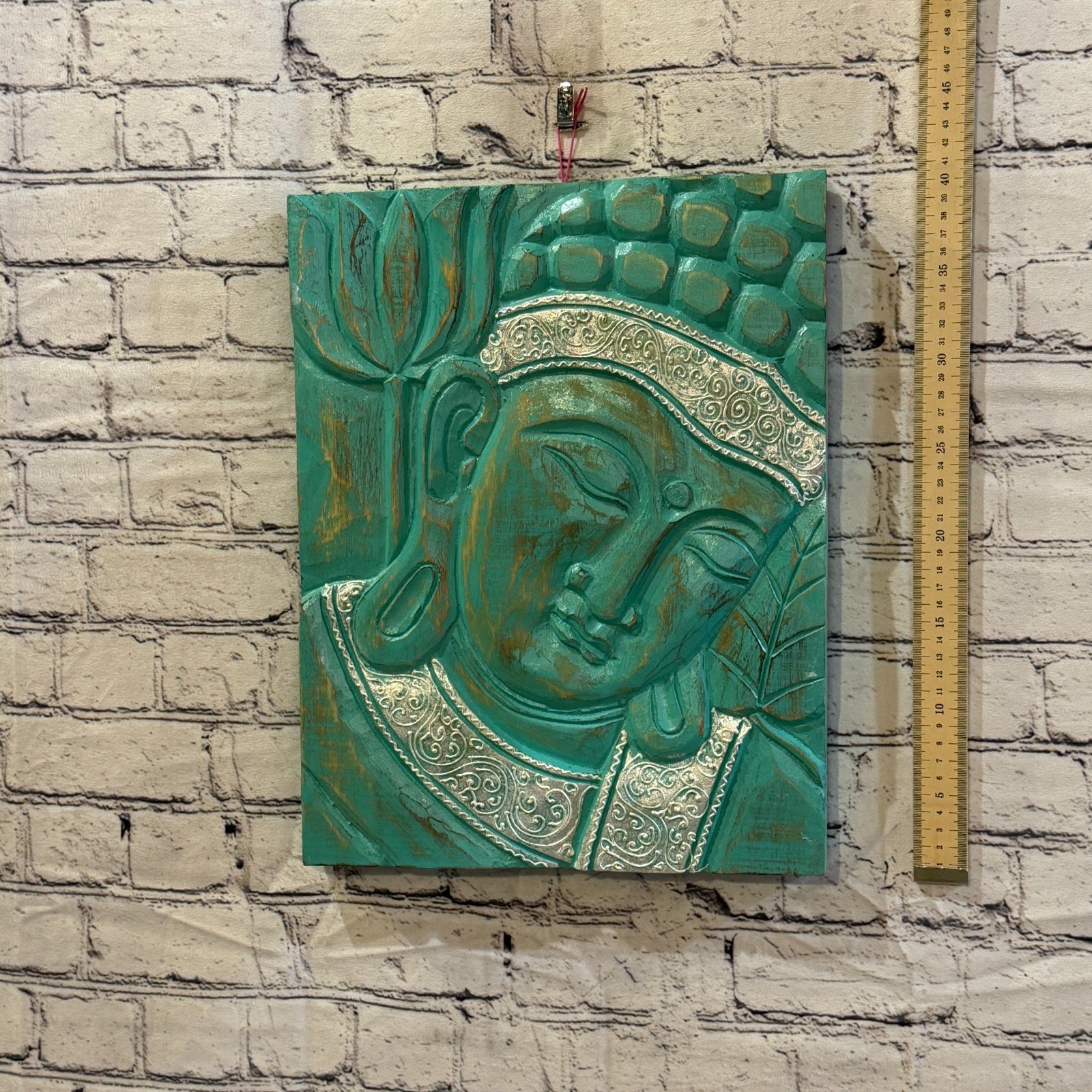 Wooden Wood Panel 40cm Silver Teal Buddha Lotus Wall Art Plaque Handcarved4
