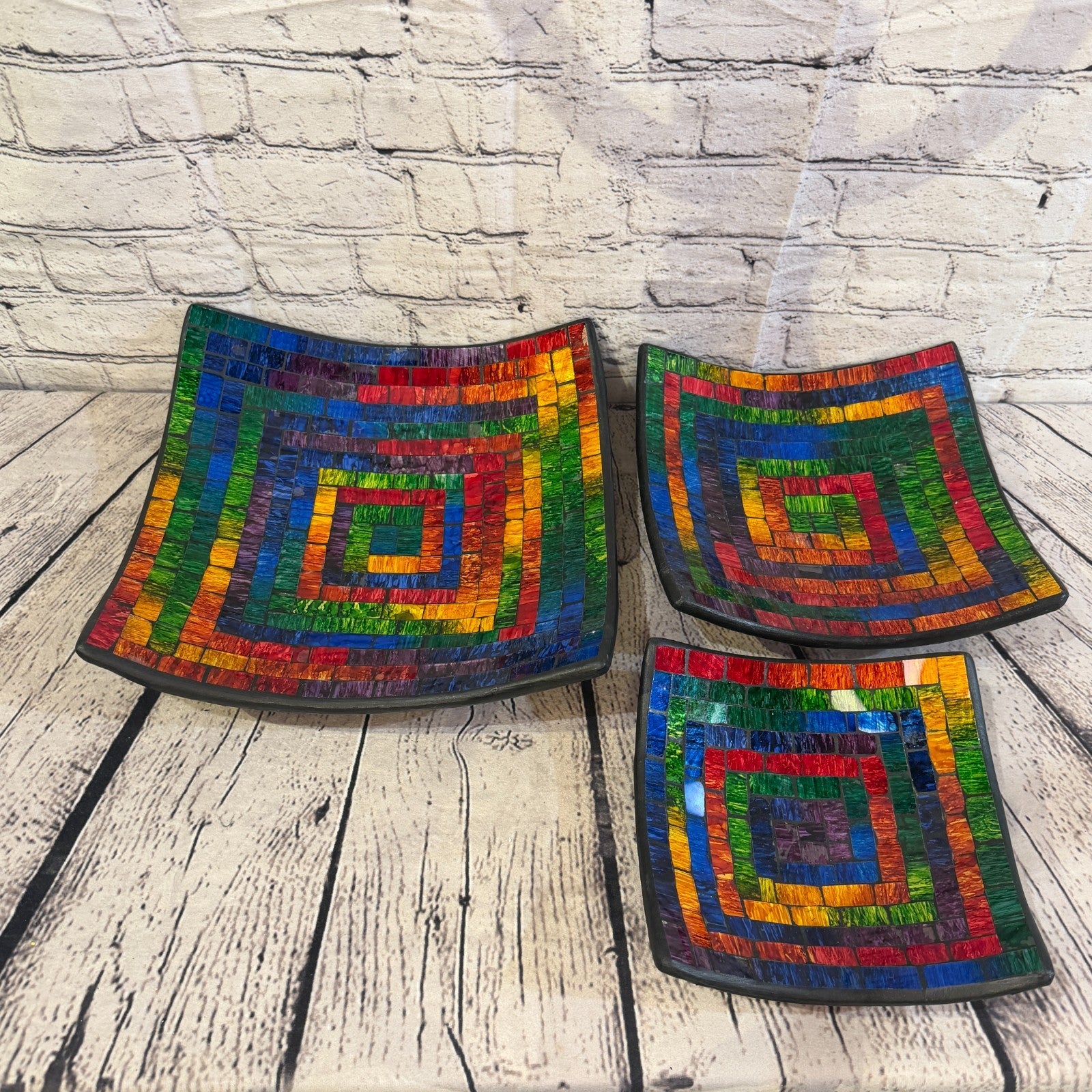 25cm Rainbow Swirl Square Mosaic Handmade Ceramic Glass Tile Bowl Fruit4