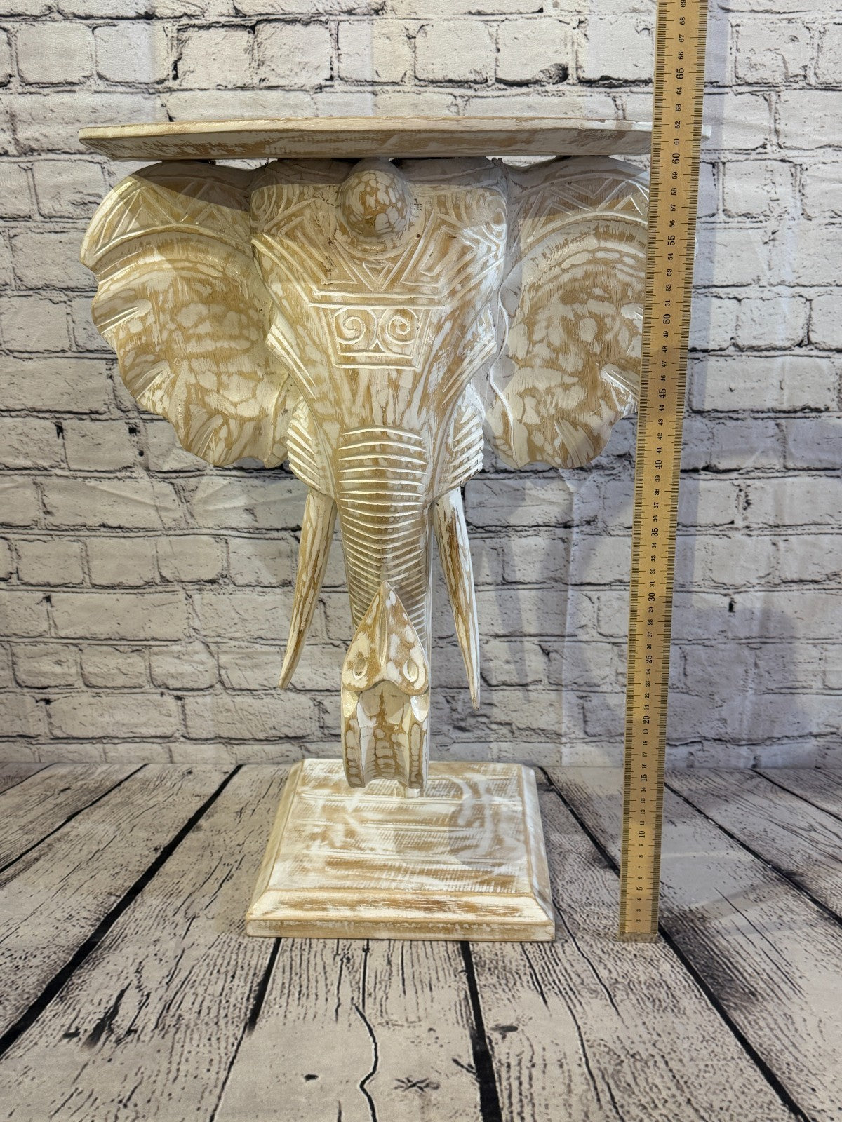 50cm x 45cm White Carved Wood Elephant Head Shelf Wall Mounted Art Large Shabby8