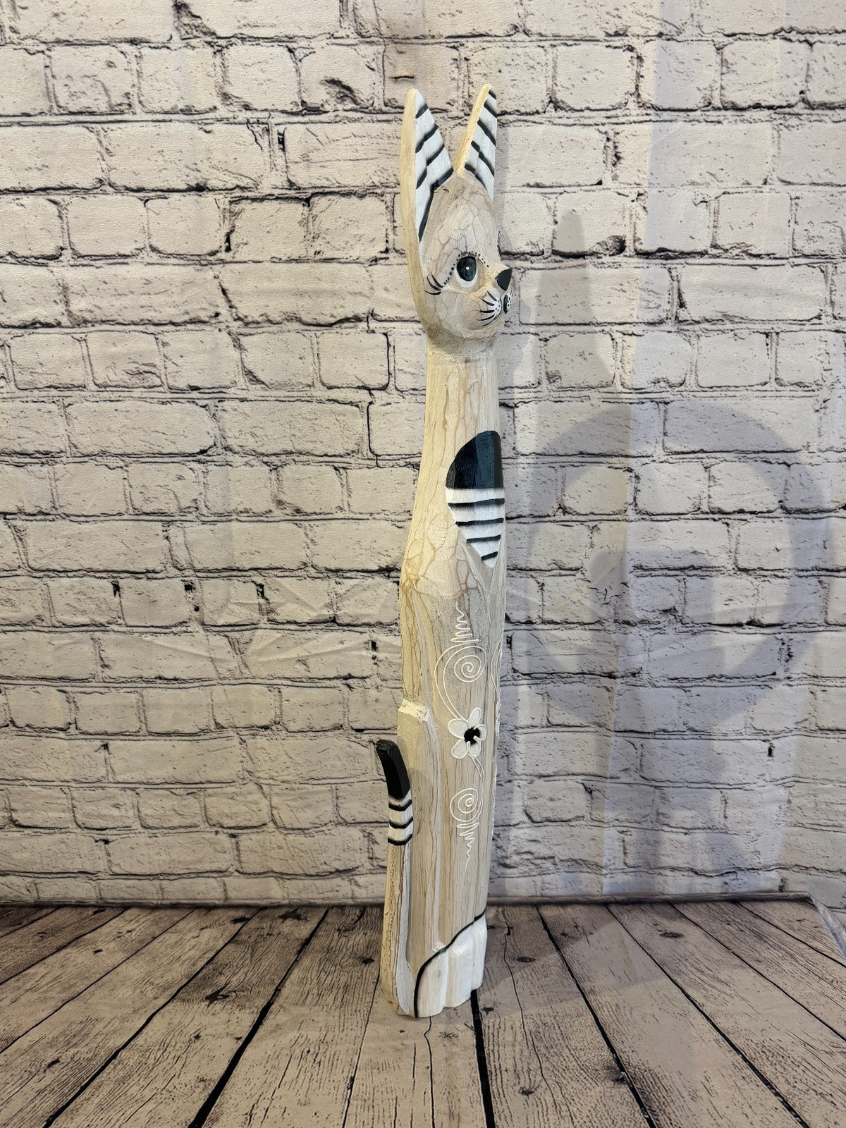 80cm White Flower Wooden Shabby Cat Statue Ornament Fair Trade Handcarved2