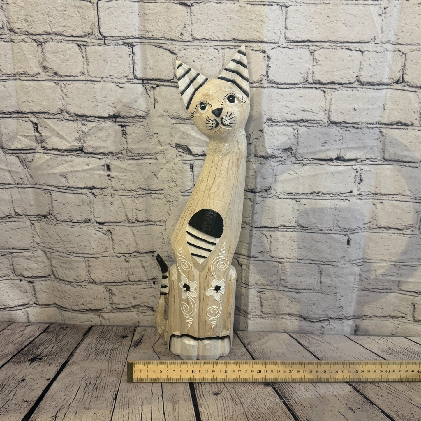 50cm White Flower Wooden Shabby Cat Statue Ornament Fair Trade Handcarved6