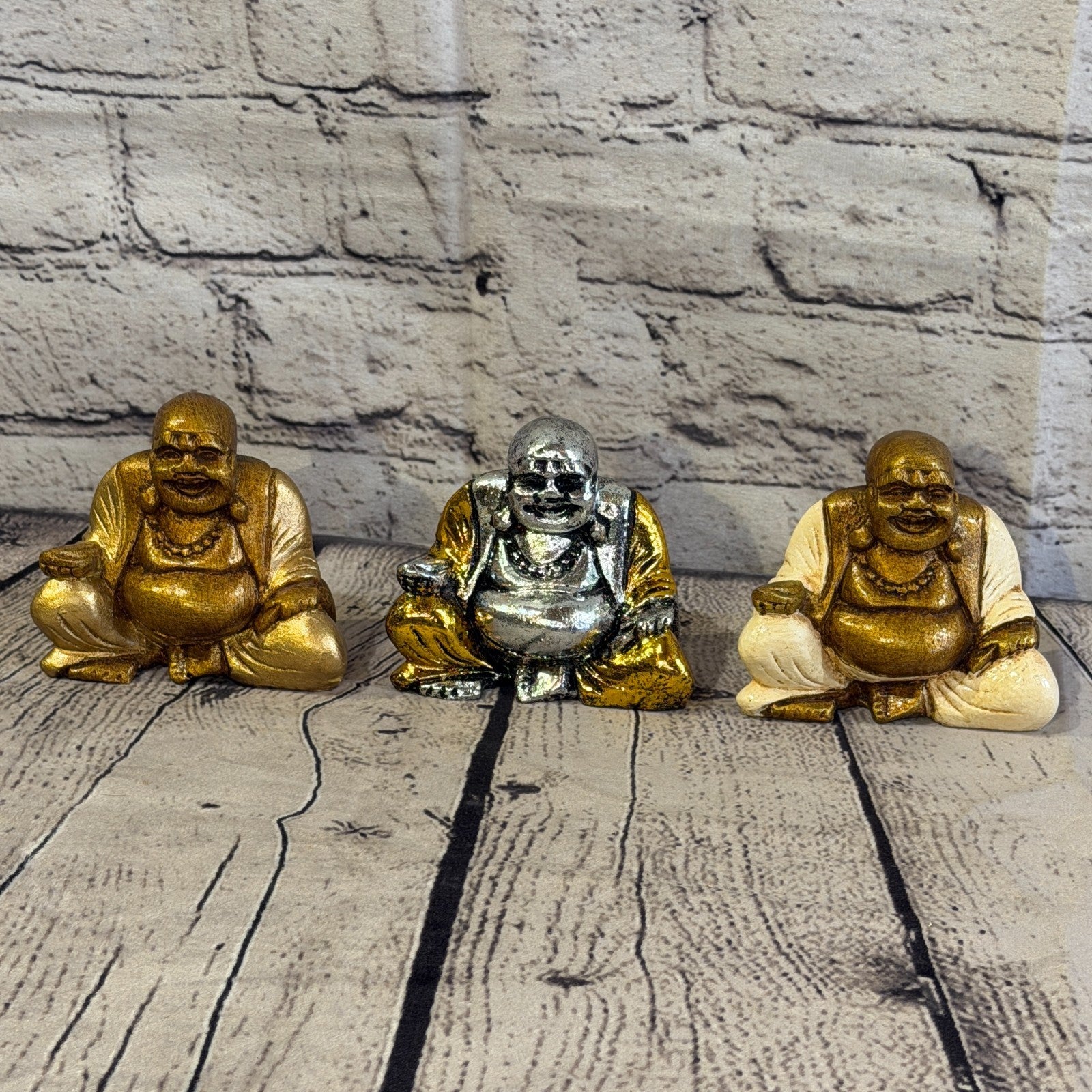 Cream & Bronze 10cm x 10cm Small Chinese Buddha Sitting On Lotus Statue Resin9
