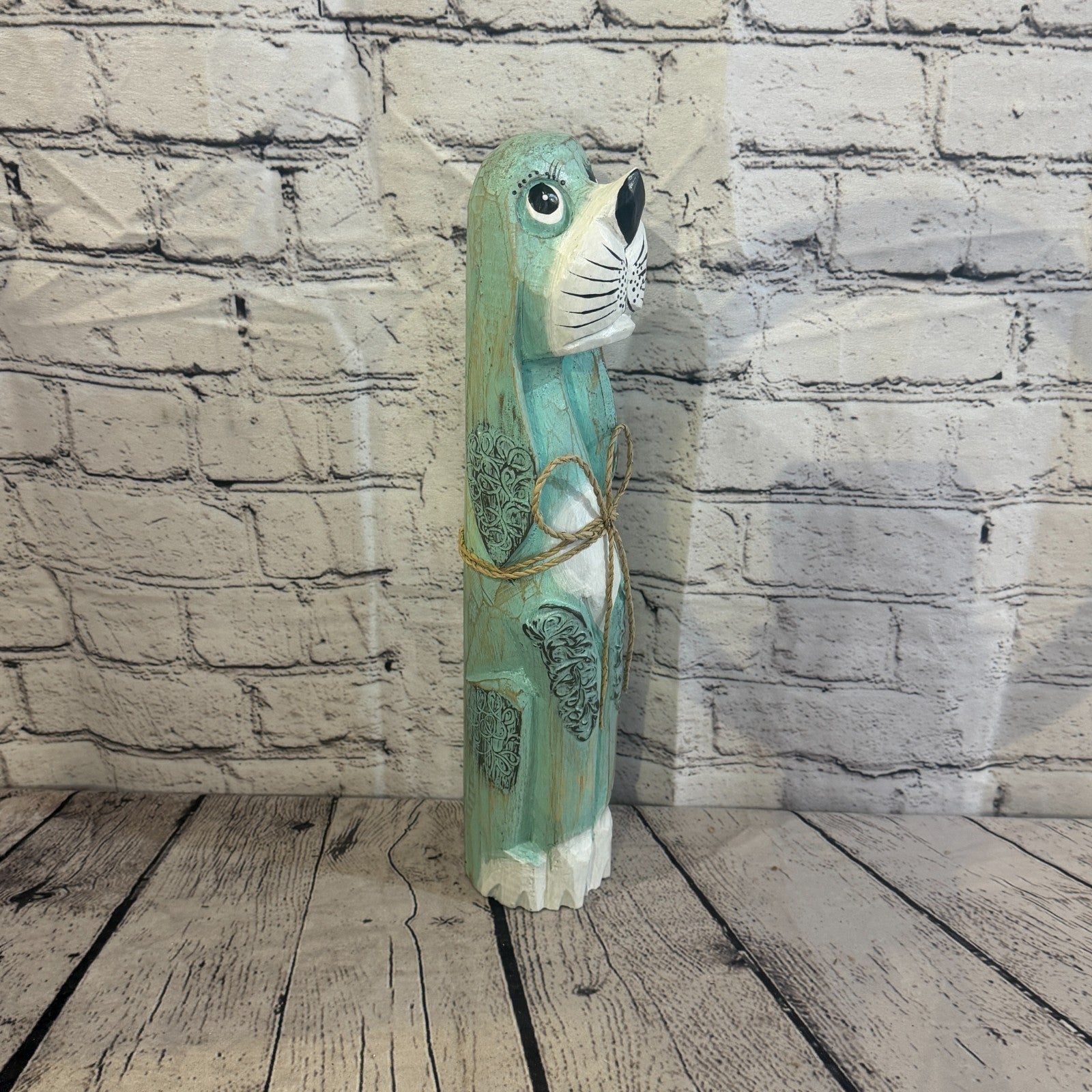 40cm Green Teal Wooden Shabby Dog Statue Ornament Fair Trade Handcarved2