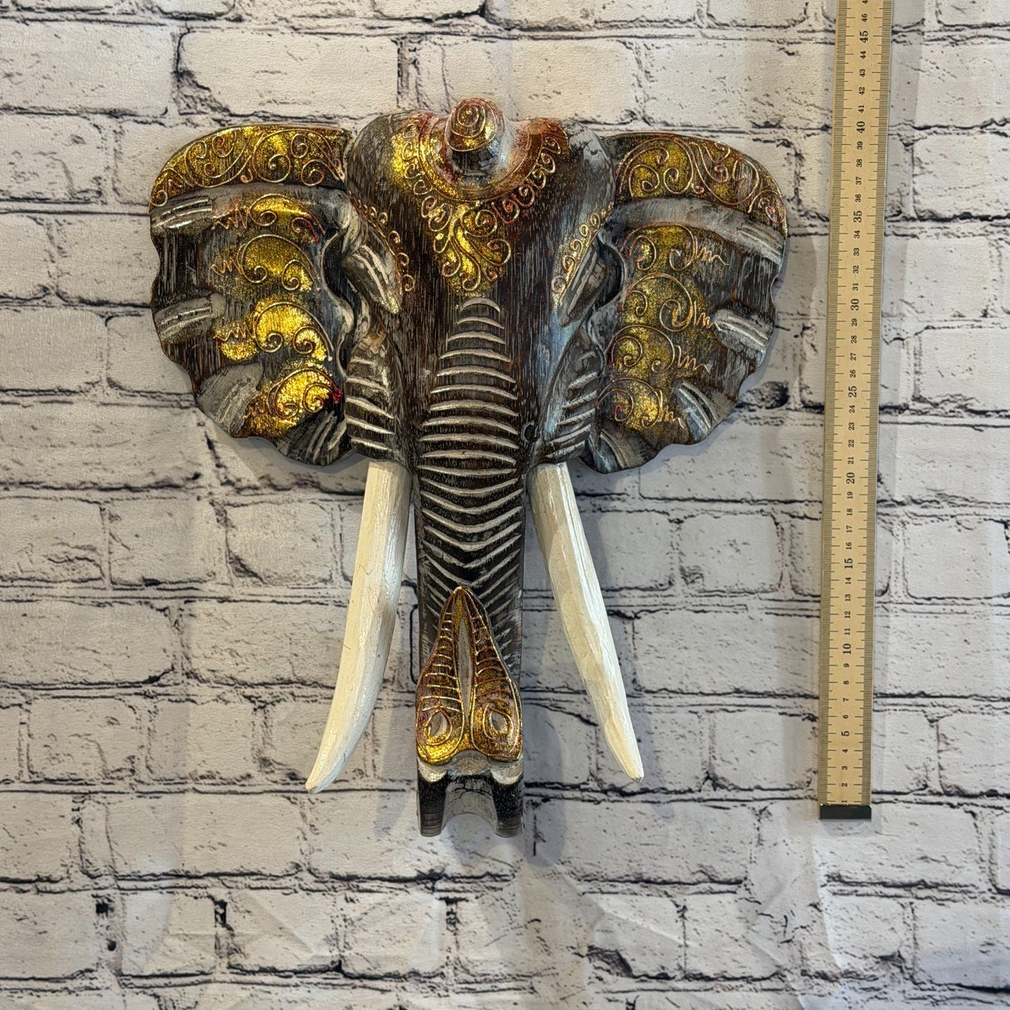 40cm x 40cm Brown Gold Painted Wood Elephant Head Wall Mounted Art Shabby4