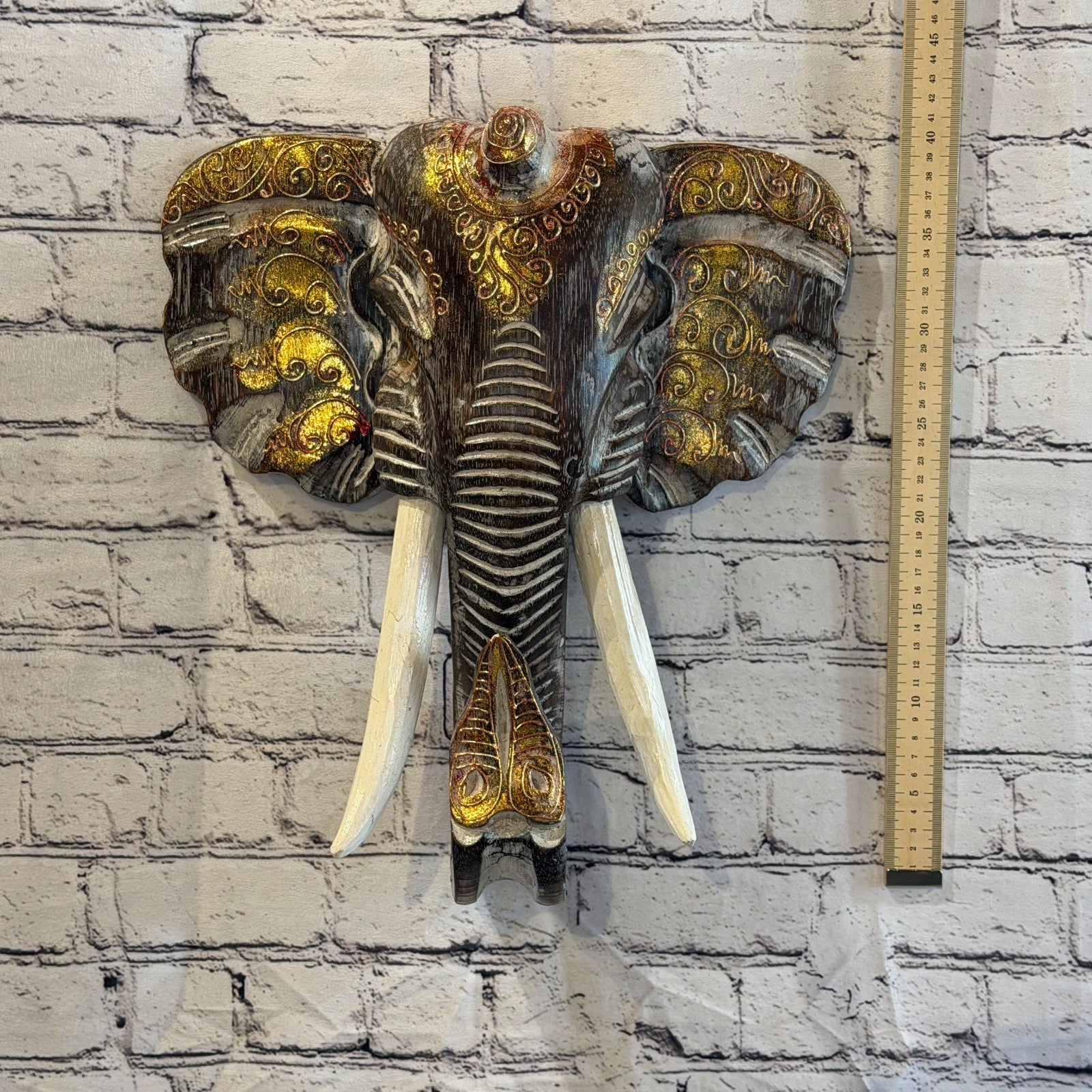 40cm x 40cm Brown Gold Painted Wood Elephant Head Wall Mounted Art Shabby4