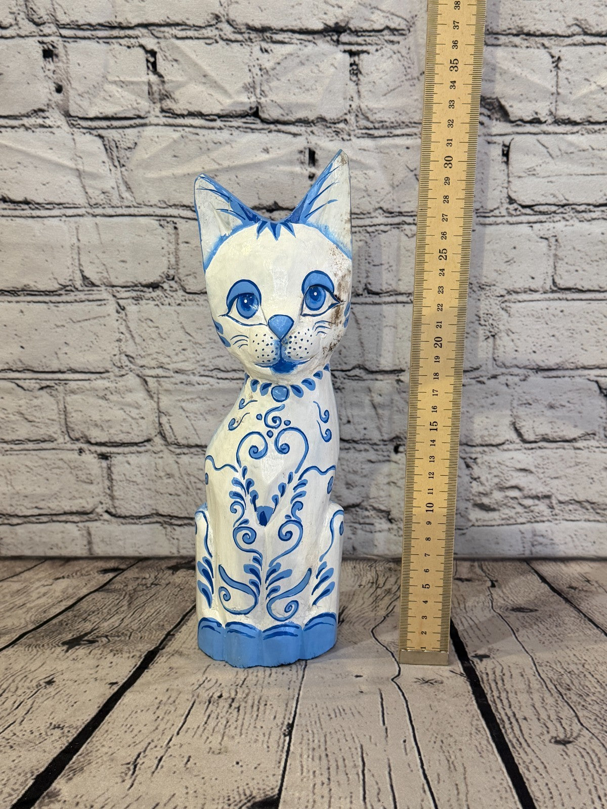 30cm Blue White Flower Wooden Shabby Cat Statue Ornament Fair Trade Handcarved5