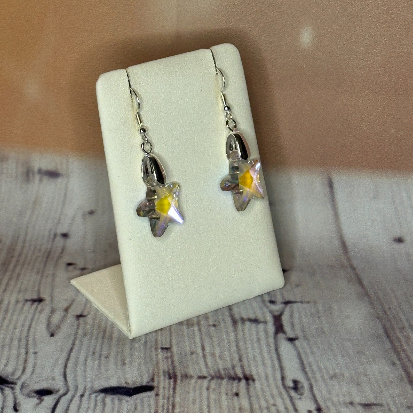 Clear Yellow Crystal Star Shaped Dangle Drop Earrings Handmade UK Jewellery2