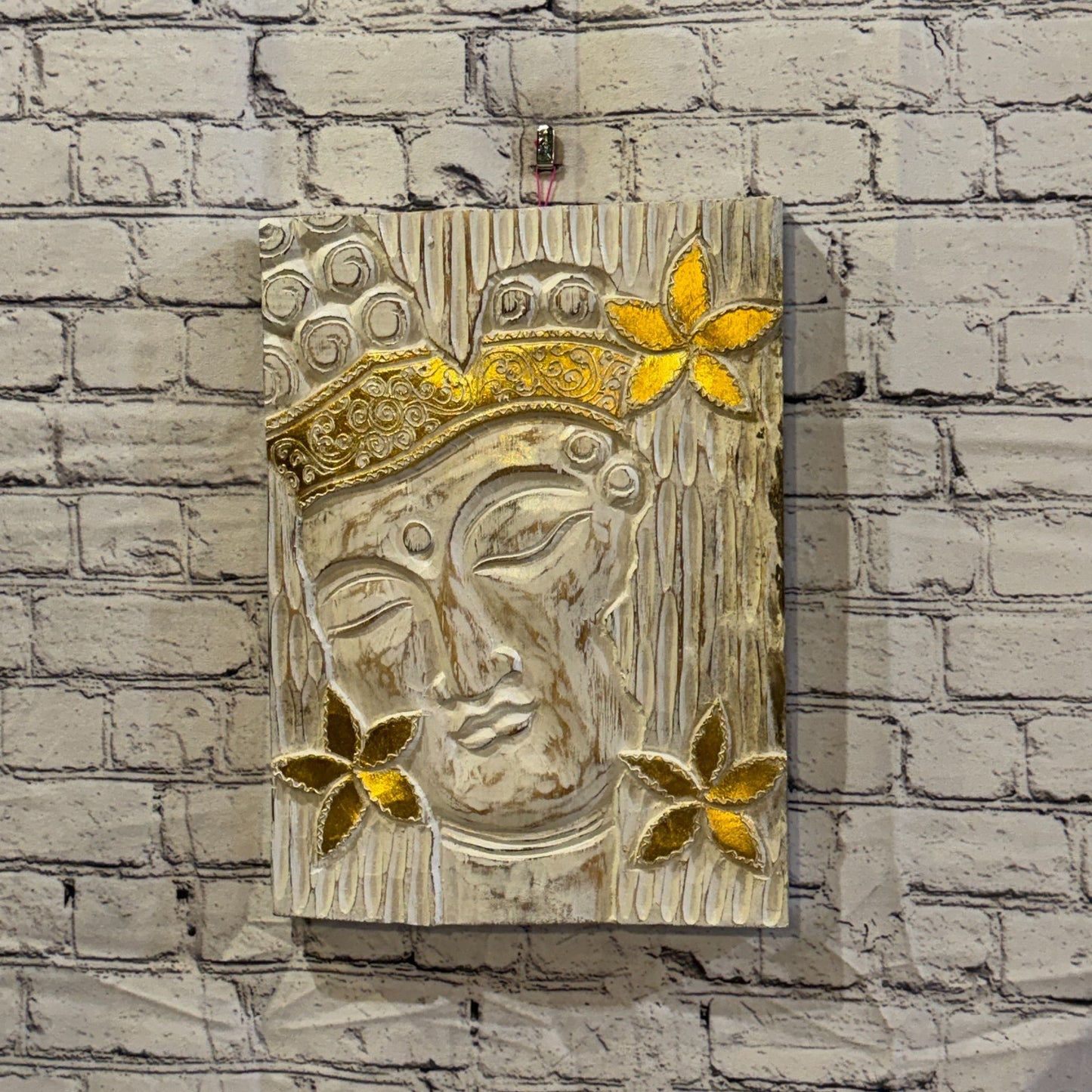 Wooden Wood Panel 40cm Gold Cream Buddha Flower Wall Art Plaque Handcarved2
