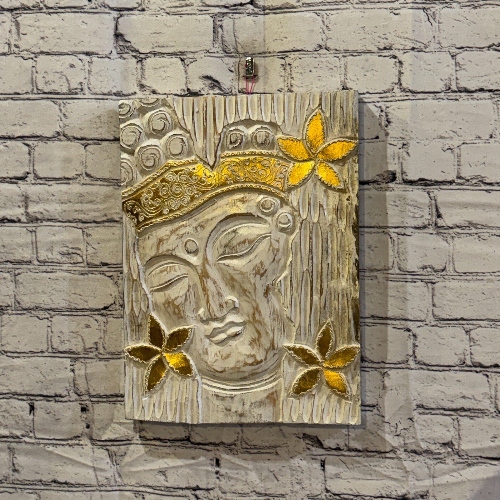 Wooden Wood Panel 40cm Gold Cream Buddha Flower Wall Art Plaque Handcarved2