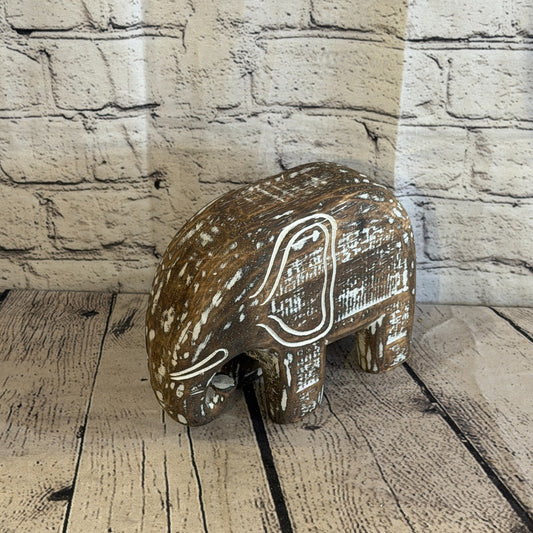 15cm x 20cm Brown Wood Wooden Standing Elephant Hand Carved Painted Statue0