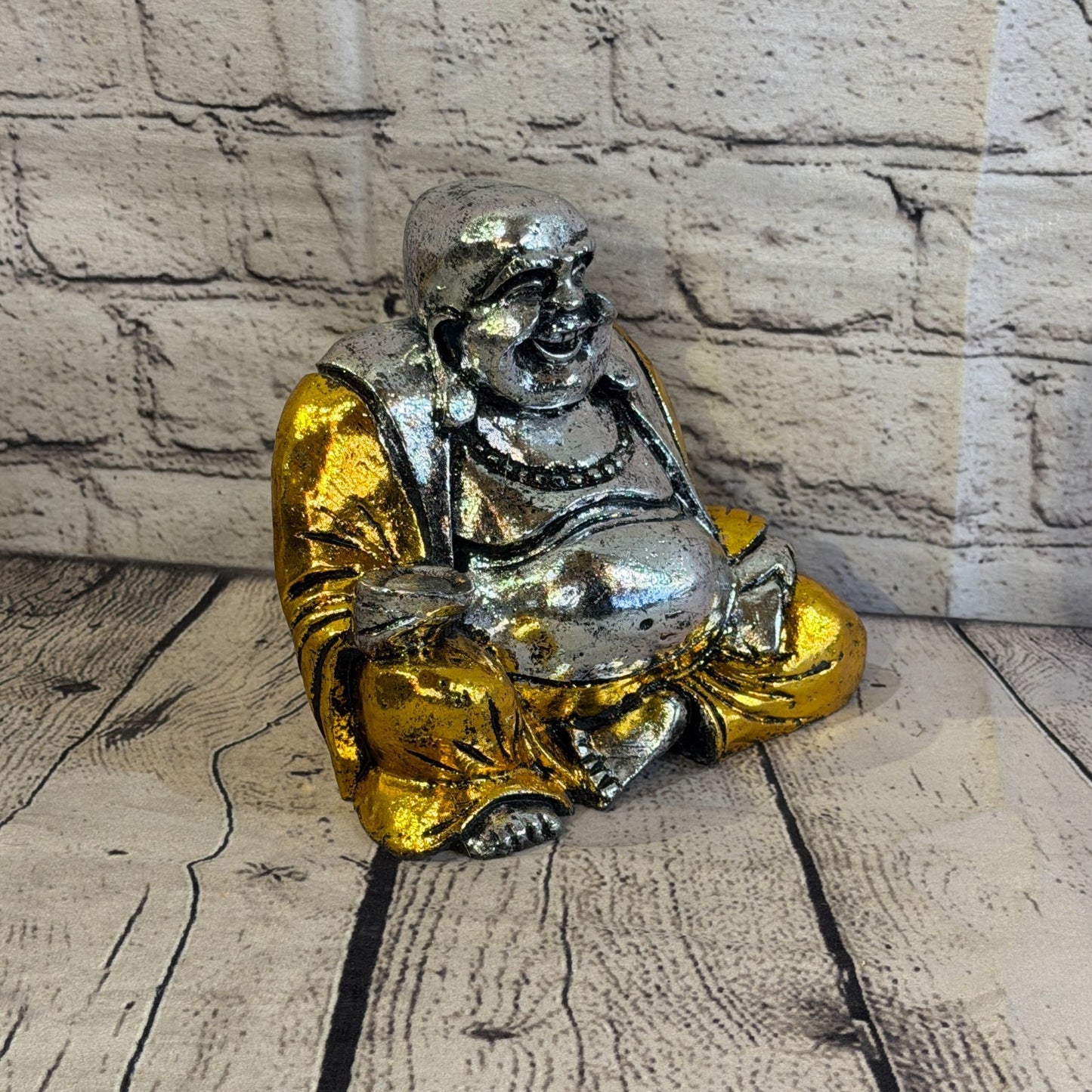 Silver And Gold 15cm x 15cm Large Chinese Buddha Sitting On Lotus Statue Resin2