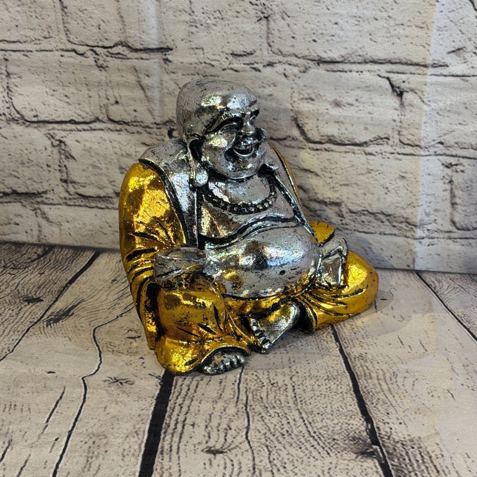 Silver And Gold 15cm x 15cm Large Chinese Buddha Sitting On Lotus Statue Resin2
