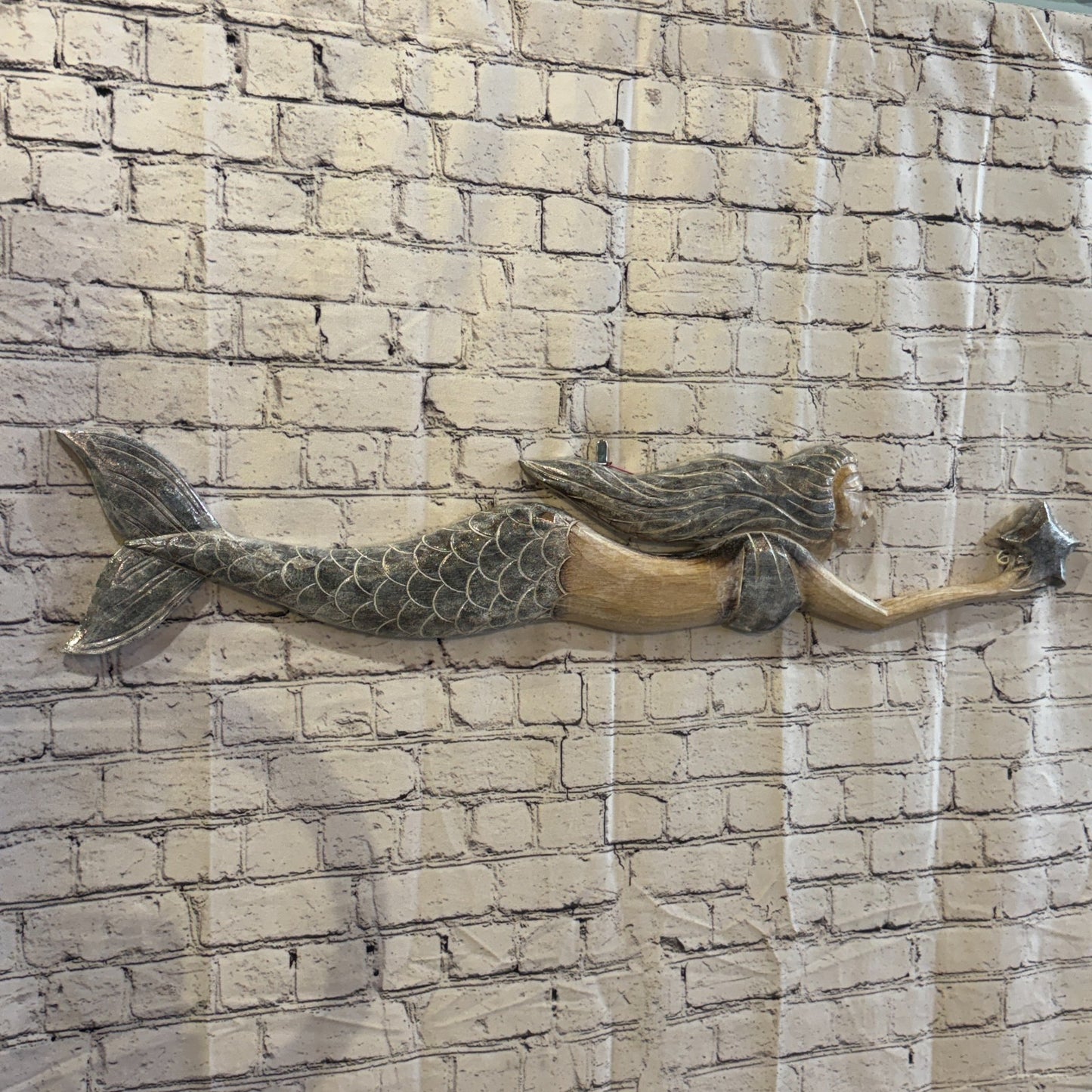 100cm Brown Wooden Mermaid Wall Decor Beach Art Hanging Mermaid Plaque Nautical1