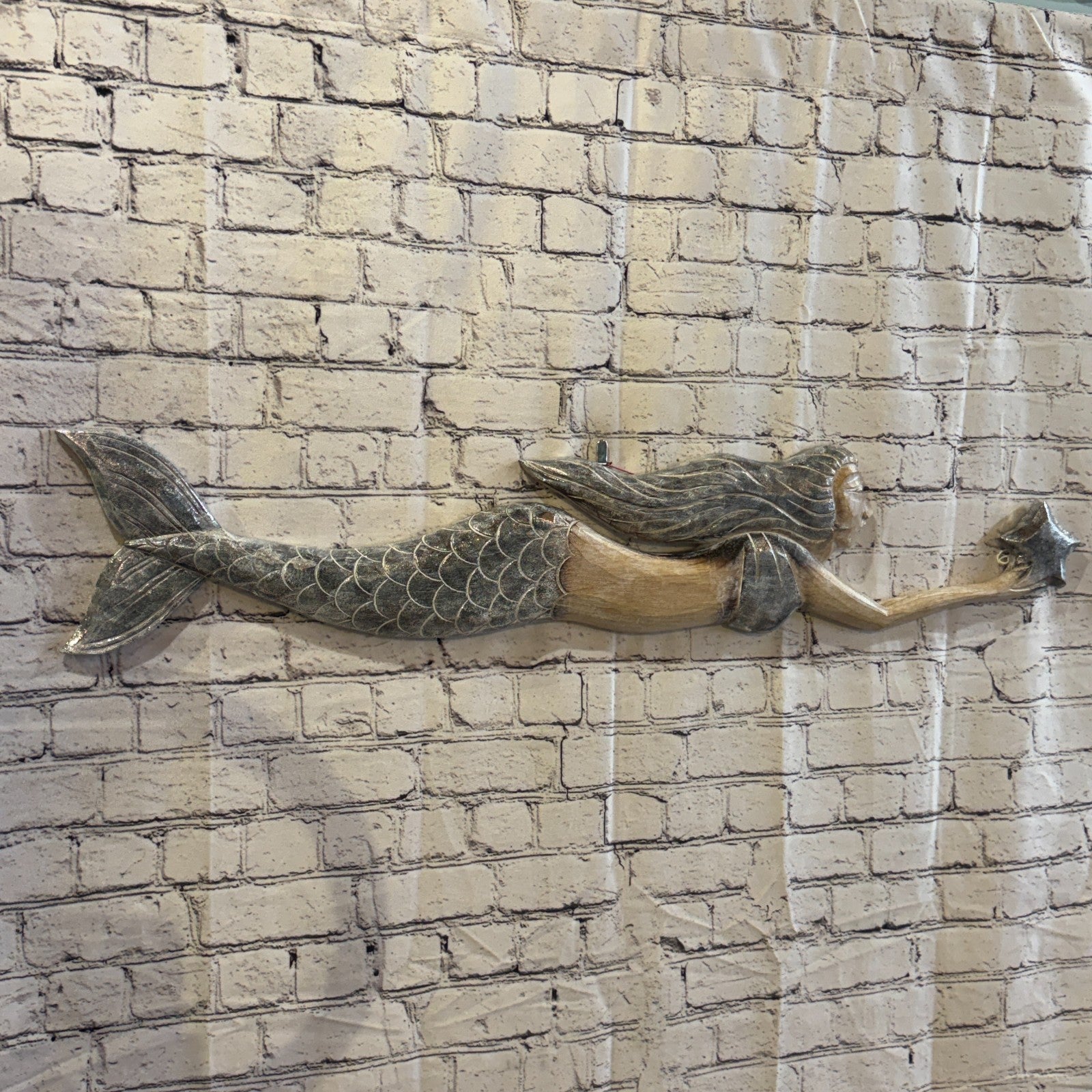 100cm Brown Wooden Mermaid Wall Decor Beach Art Hanging Mermaid Plaque Nautical1