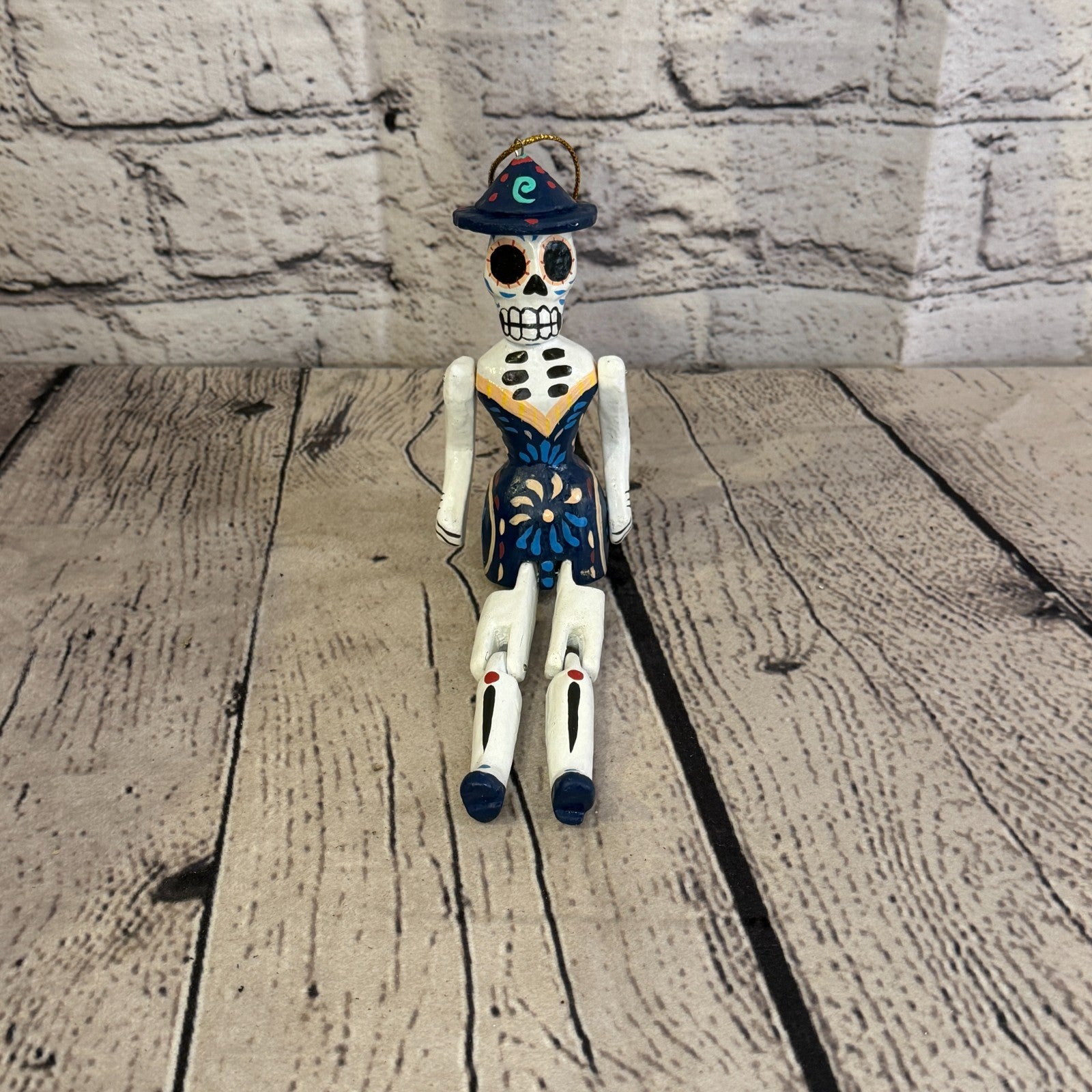 10cm Navy Day Of The Dead Lady Sitting Animal, Wooden Shelf Ornament Fairtrade1