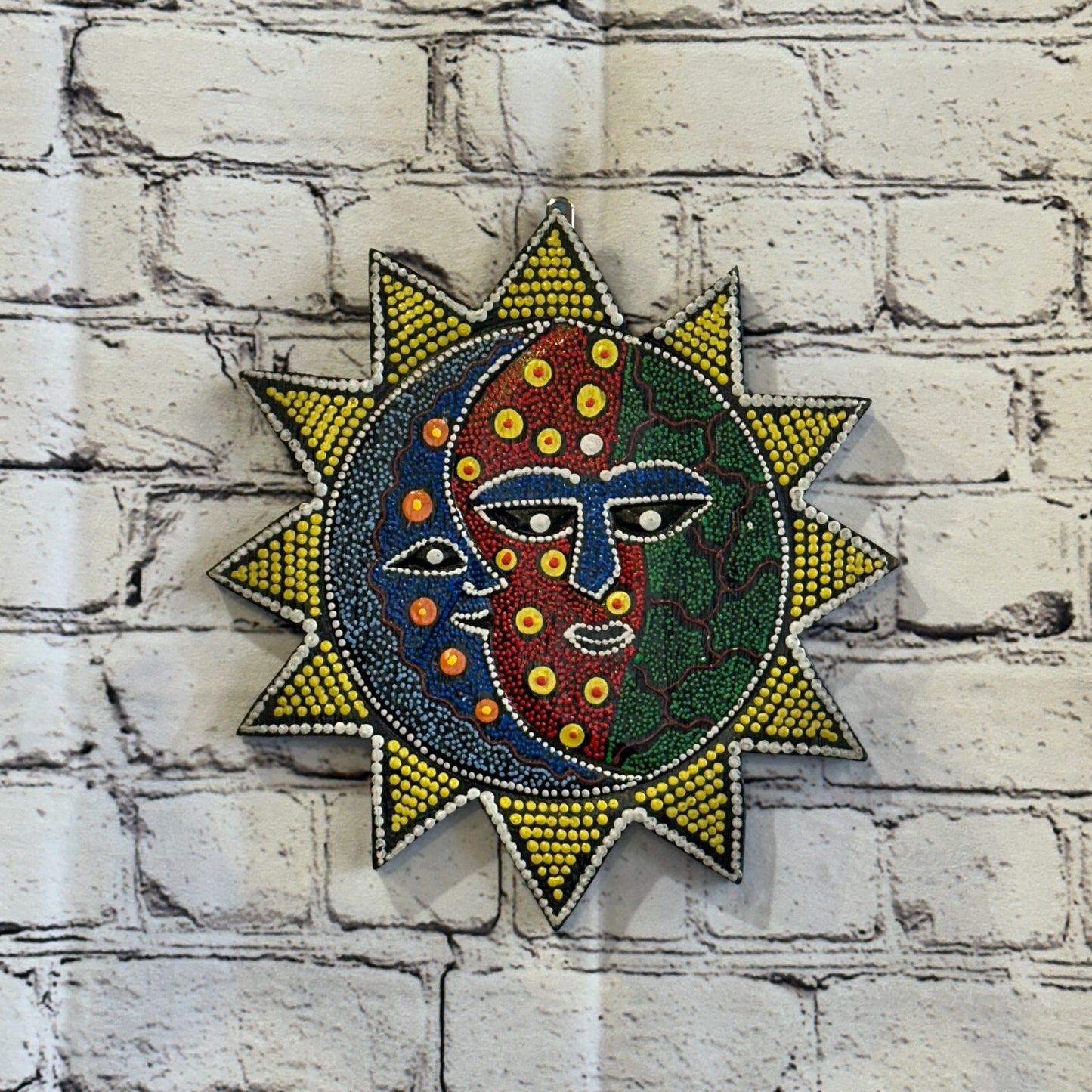 25cm Sun & Moon Carved Wooden Dot Painted Ethnic Tribal Tiki Wall Handmade No 12