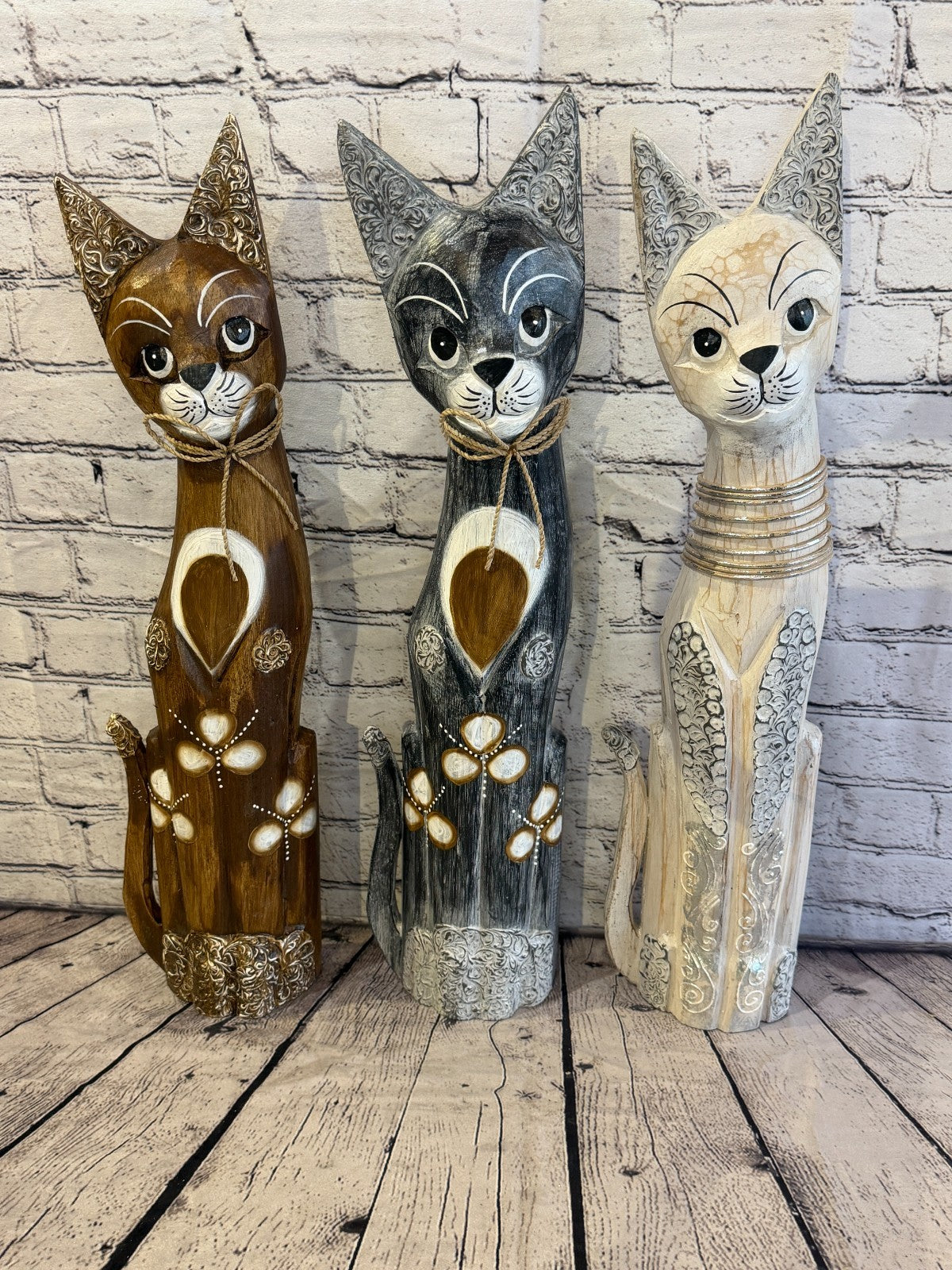 100cm Brown Silver Dots Wooden Shabby Cat Statue Ornament Fair Trade Handcarved9