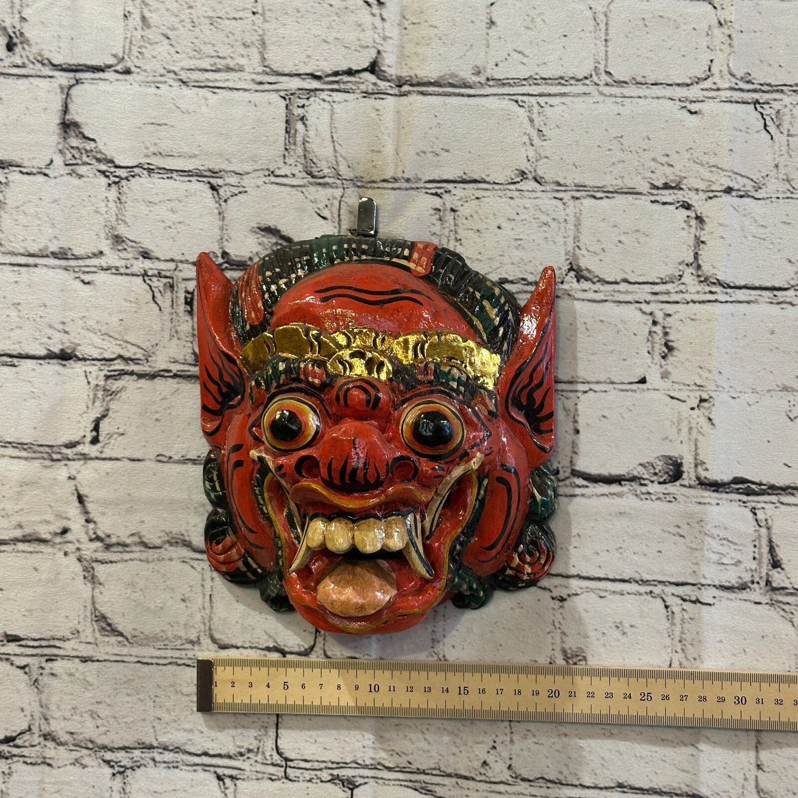 Large Wooden Red Barong Wall Mask 20cm x 20cm Handmade And Fairtrade Hindu4