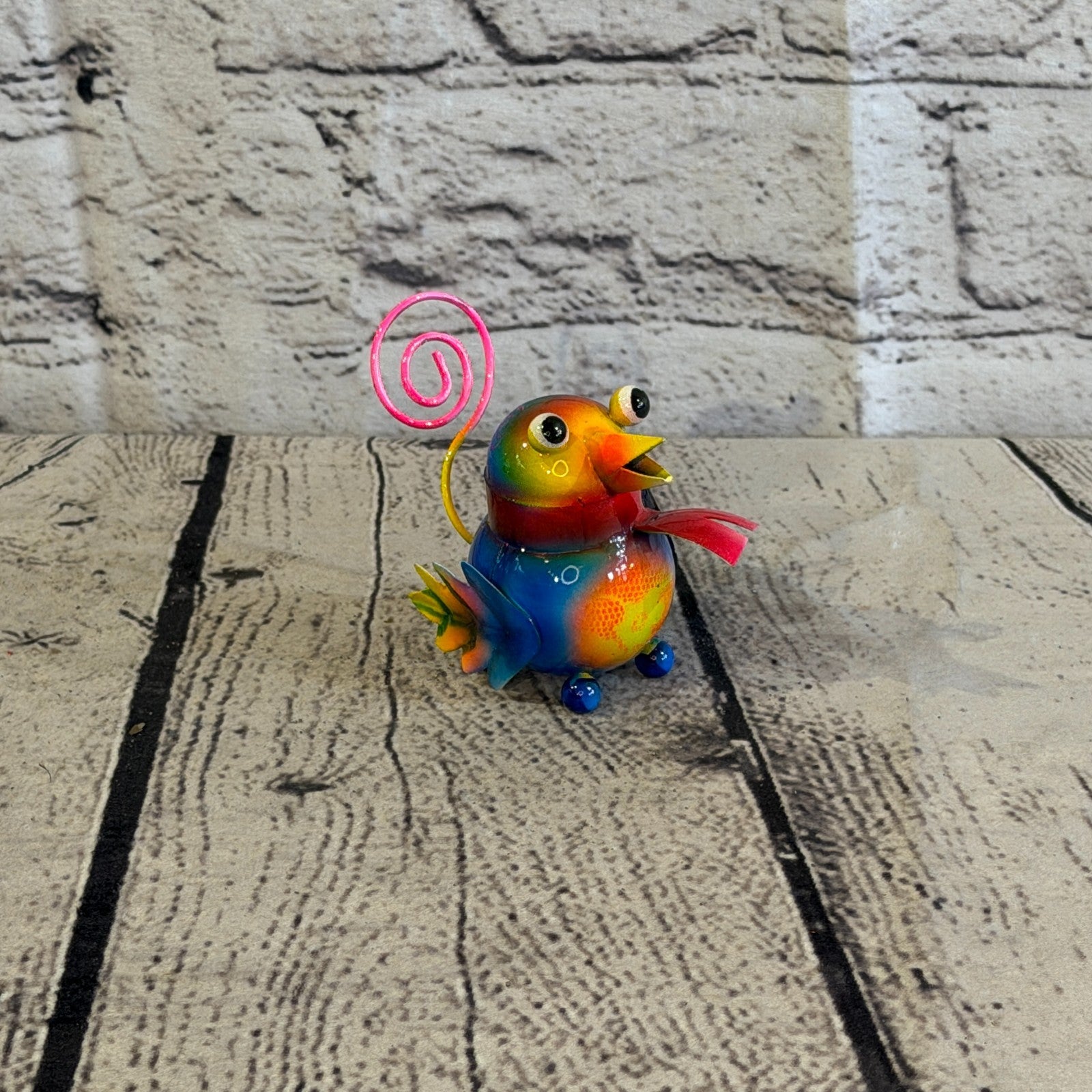 8cm x 8cm Small Scarf Colourful Bird Orange Metal Tin Standing Ornament Statue2