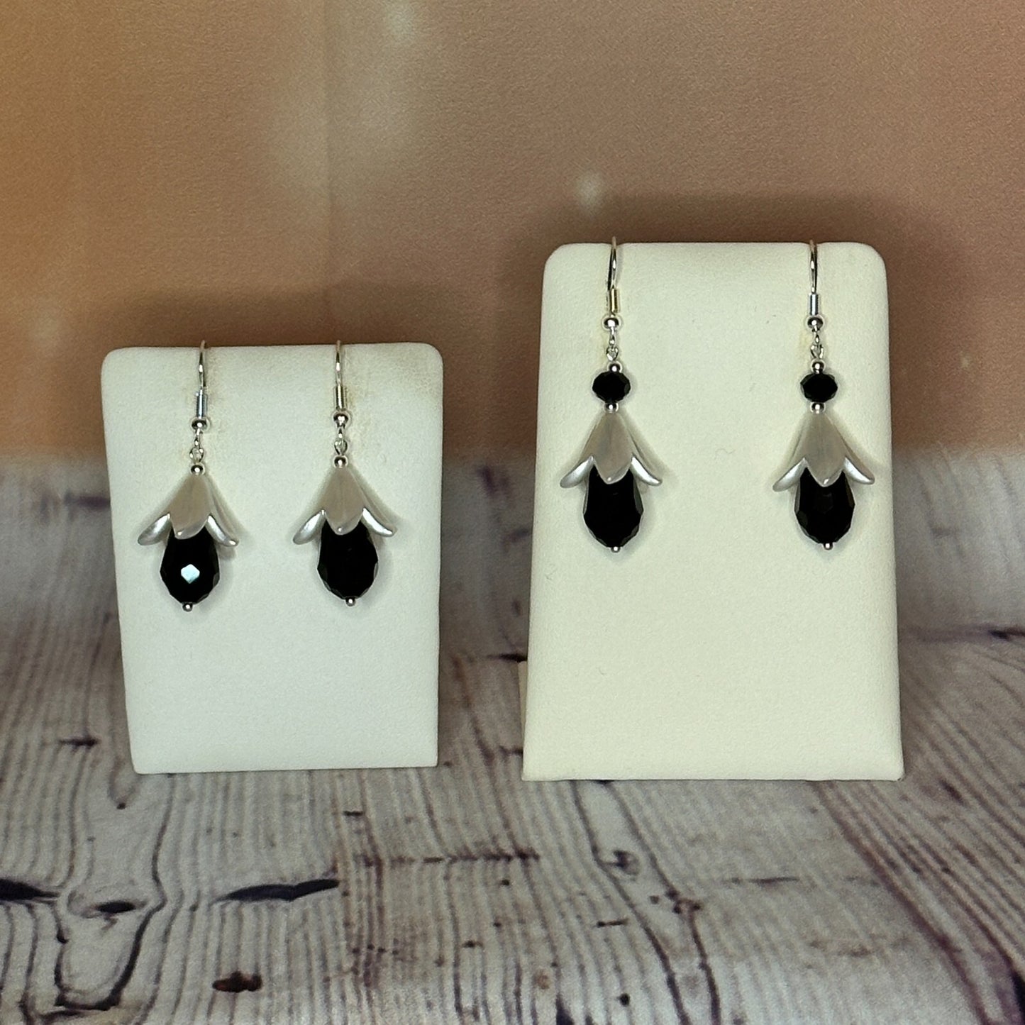 Black Drop Crystal Lily Flower Dangle Drop Earrings Handmade UK Jewellery3