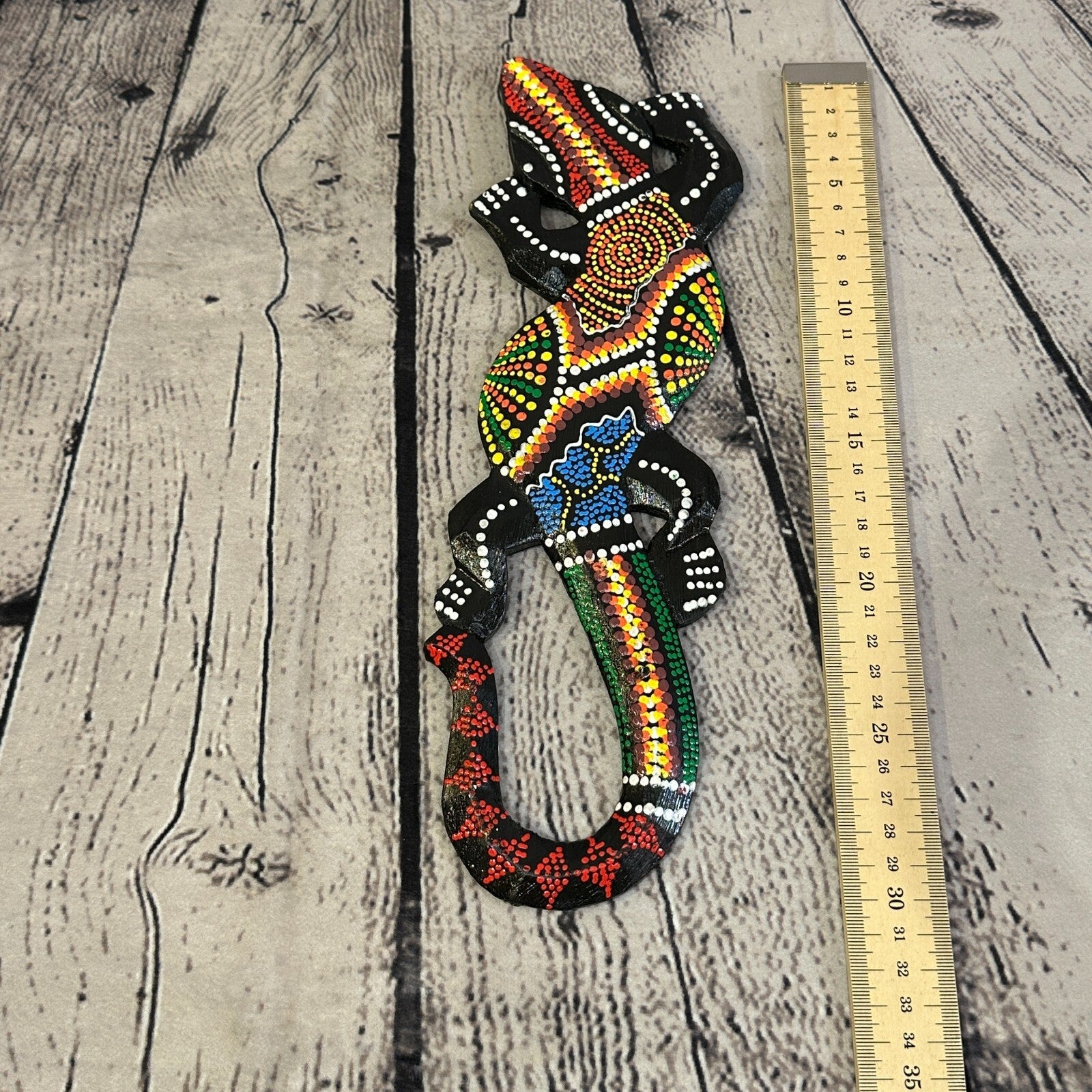 30cm Gecko Carved Wooden Dot Painted Ethnic Tribal Tiki Wall Handmade No 64