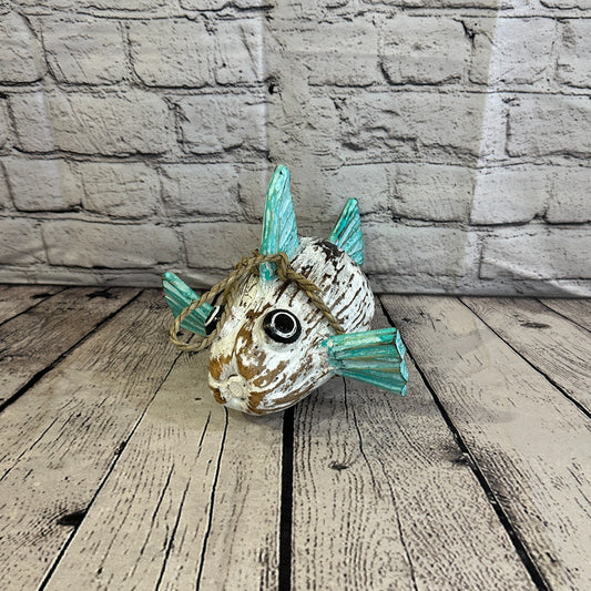 Green White Folk Art Hand Painted Puffer Fish Coconut Shell Ornaments Hanging0