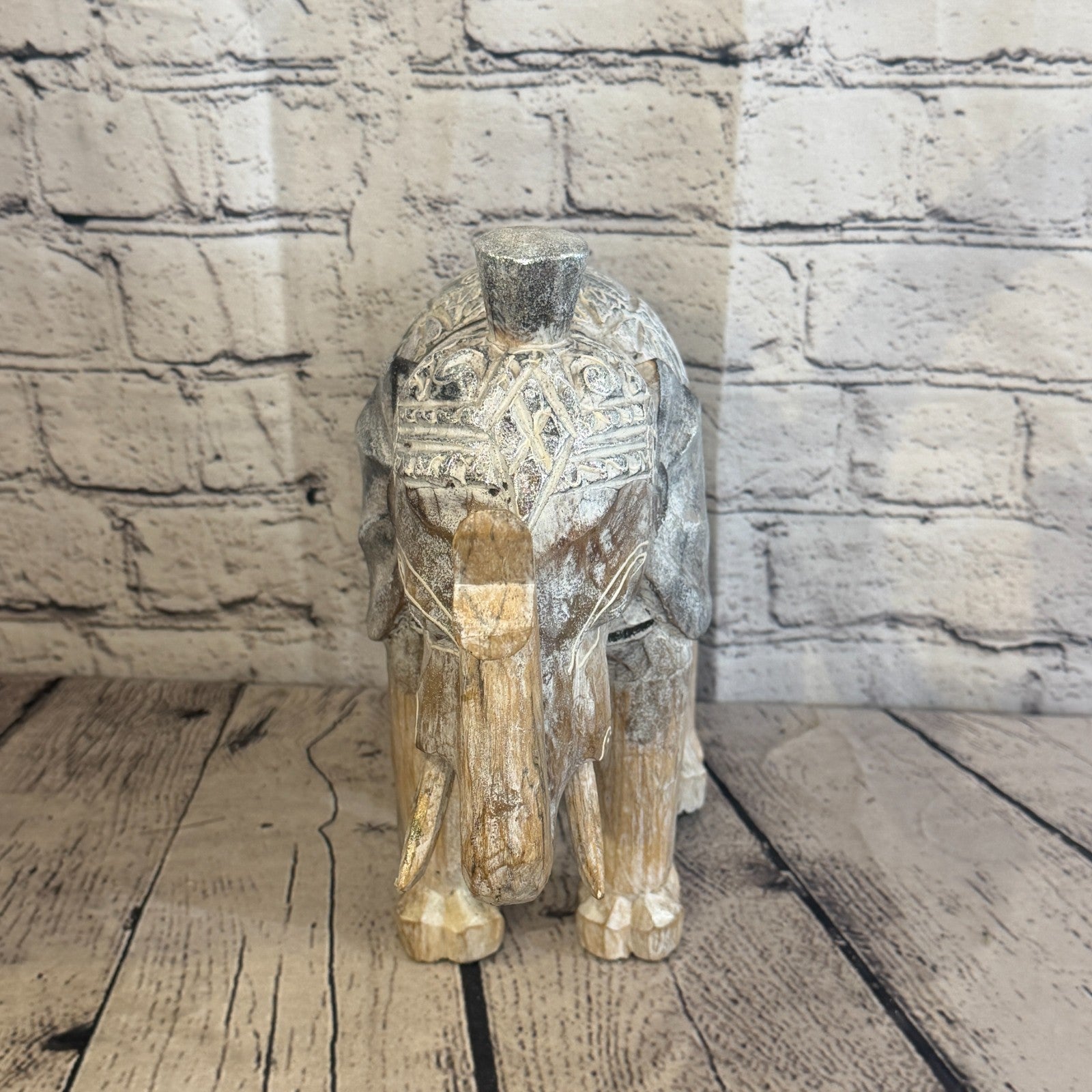25cm x 25cm Brown Silver Wooden Standing Elephant Hand Carved & Painted1
