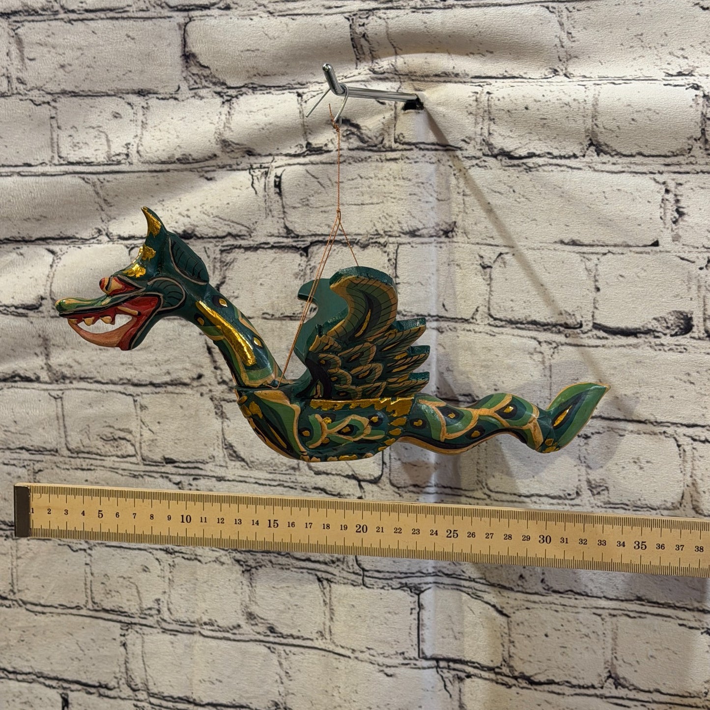 35cm Green Dragon Folk Art Carved Wood Flying Winged Mobile Spirit Guardian3