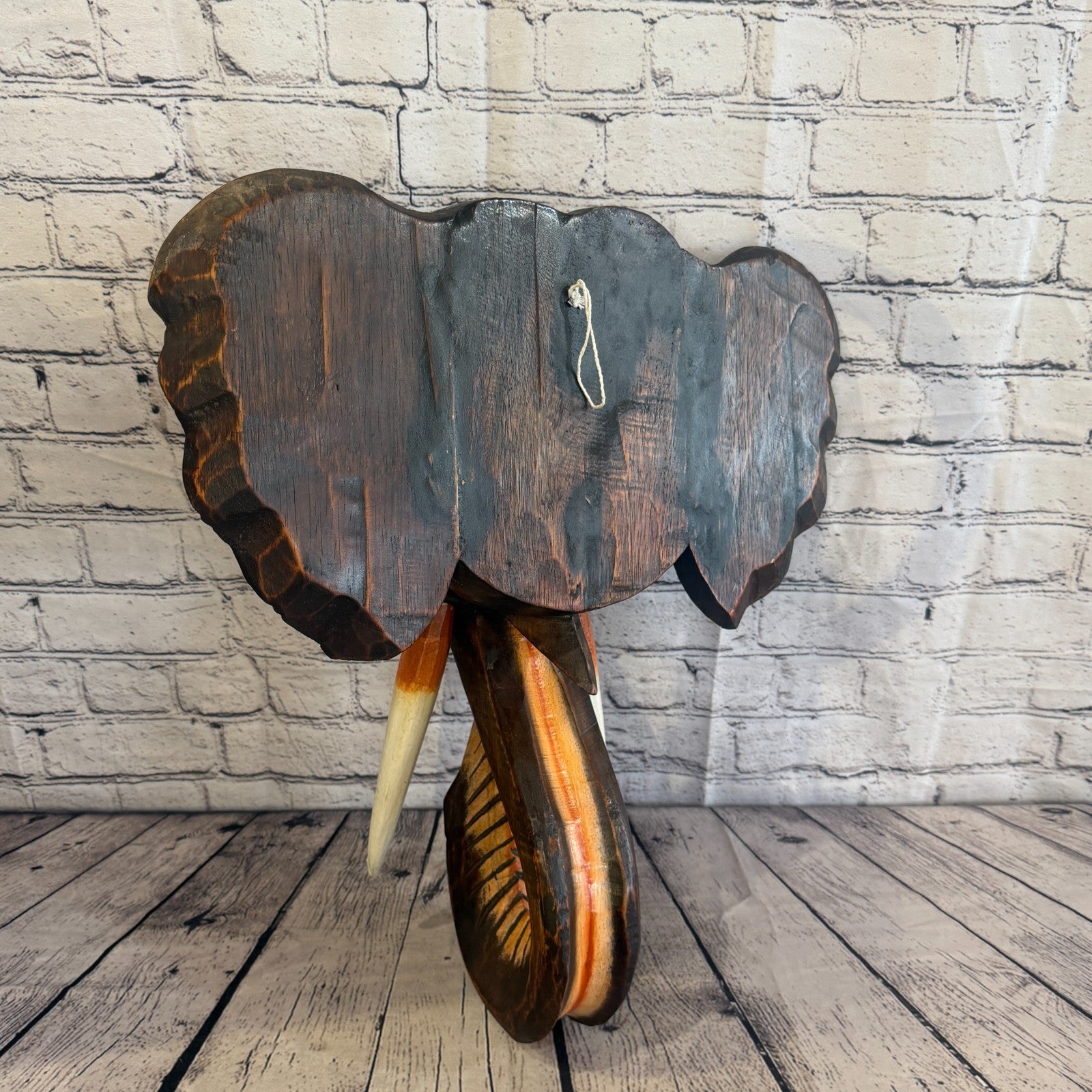 40cm x 35cm Brown Light Painted Wood Elephant Head Wall Mounted Art Shabby5
