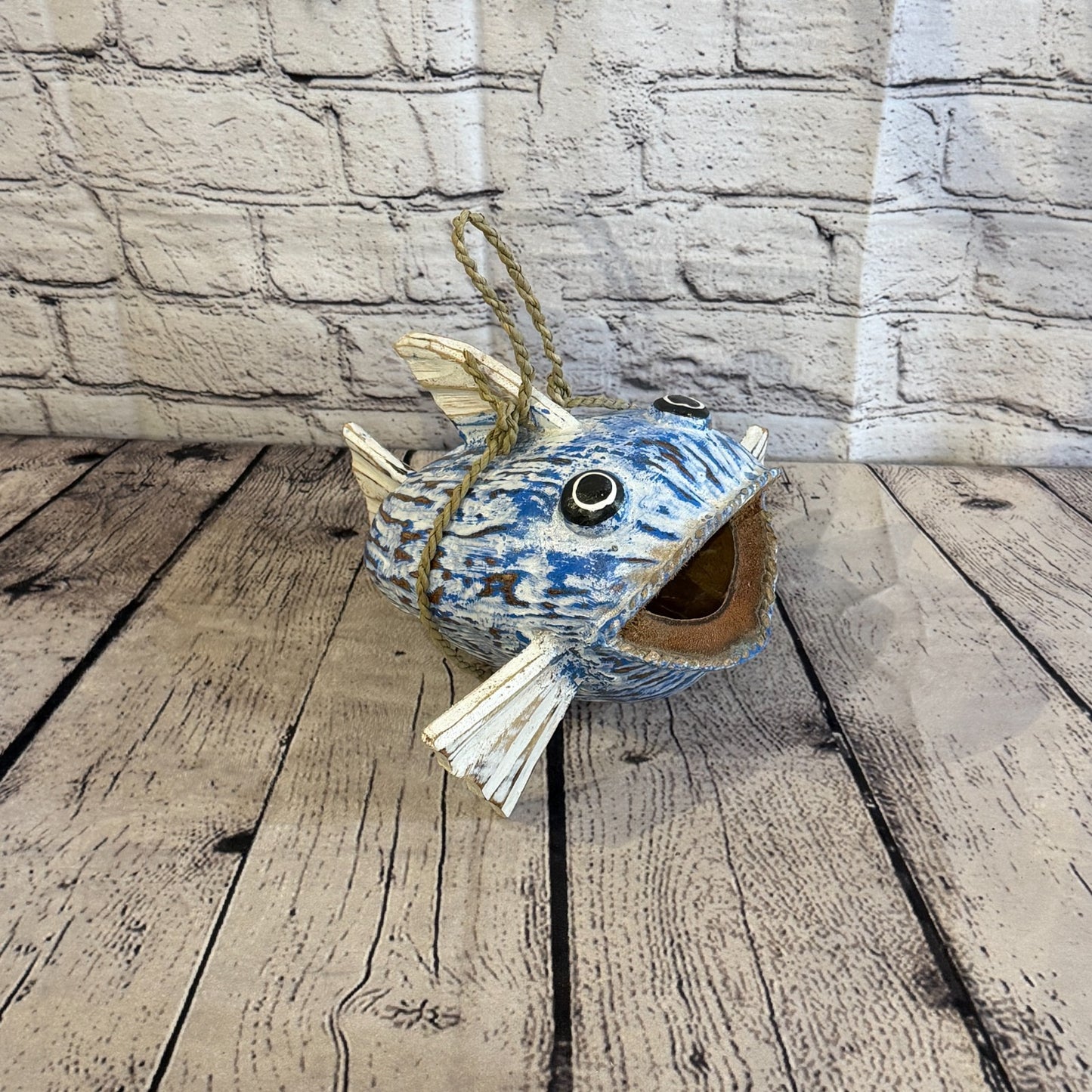 Green Blue Fins Folk Art Painted Shark Fish Coconut Shell Ornaments Hanging2