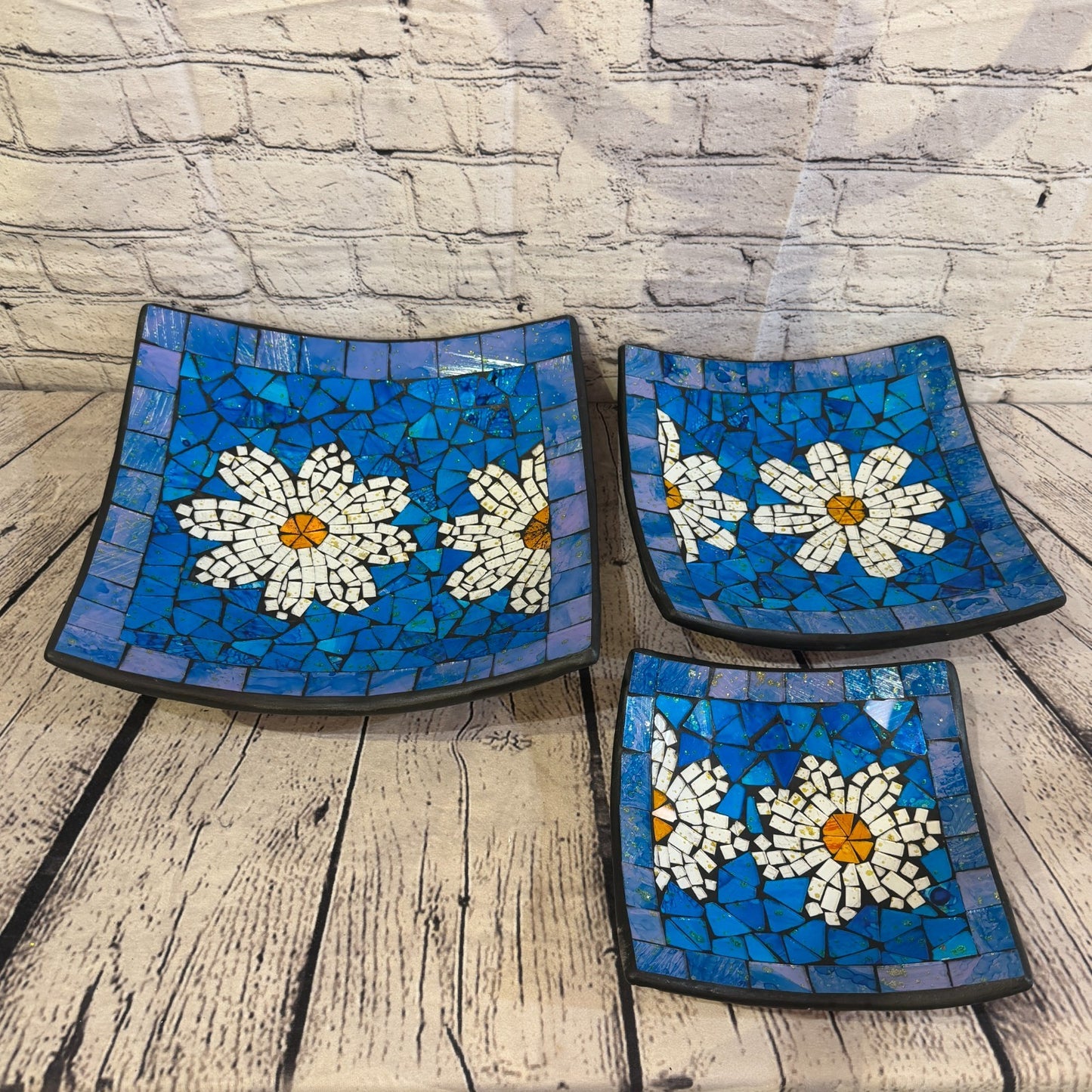 20cm Blue Daisy Flower Square Mosaic Handmade Ceramic Glass Tile Bowl Fruit4