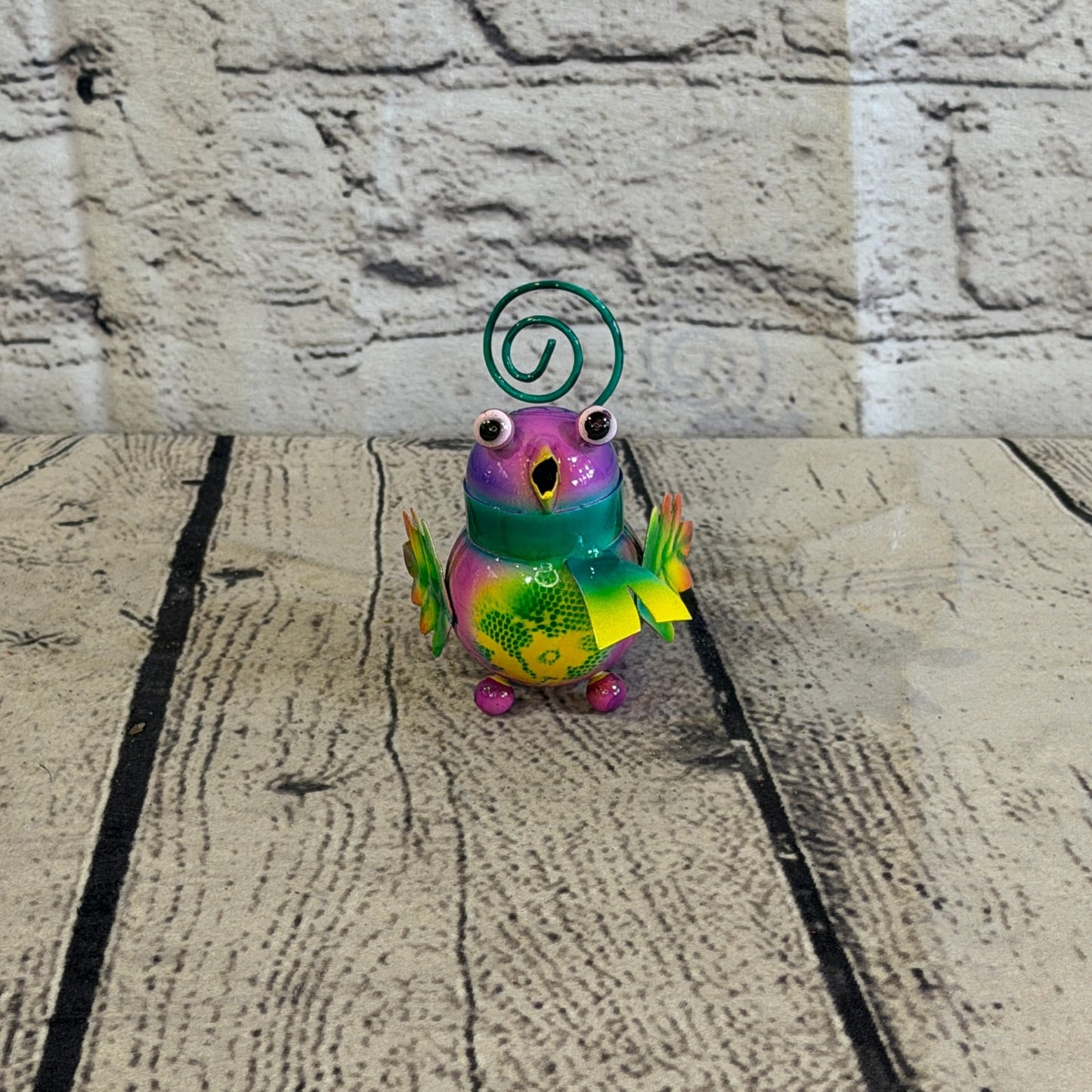 8cm x 8cm Small Scarf Colourful Bird Purple Metal Tin Standing Ornament Statue1