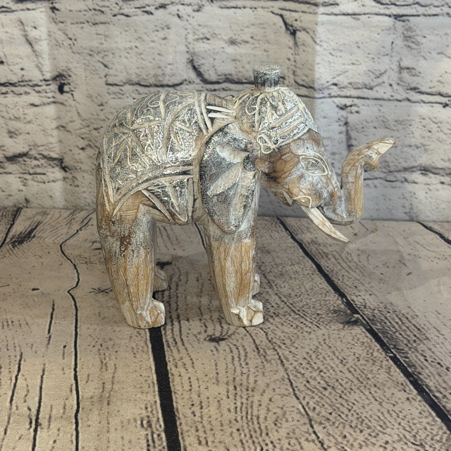 15cm x 15cm Brown Silver Wooden Standing Elephant Hand Carved & Painted3