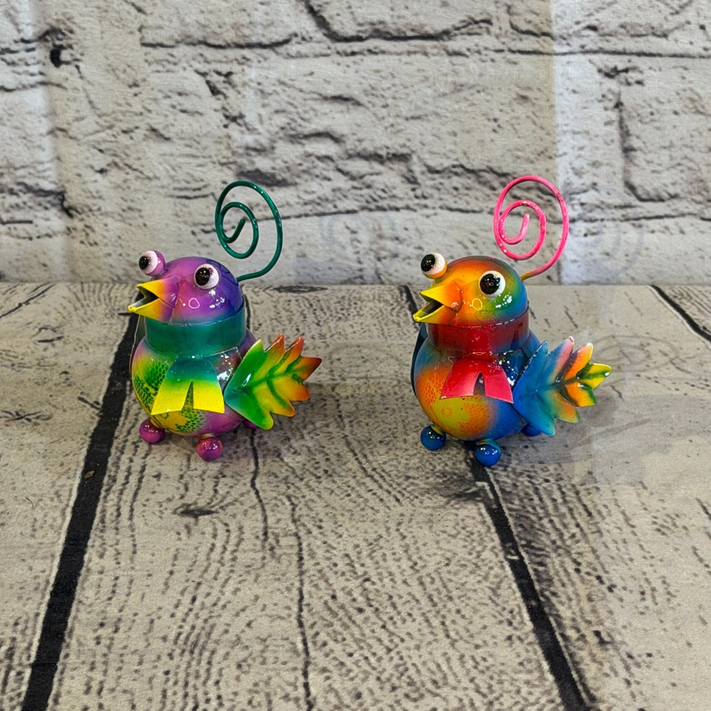 8cm x 8cm Small Scarf Colourful Bird Purple Metal Tin Standing Ornament Statue8