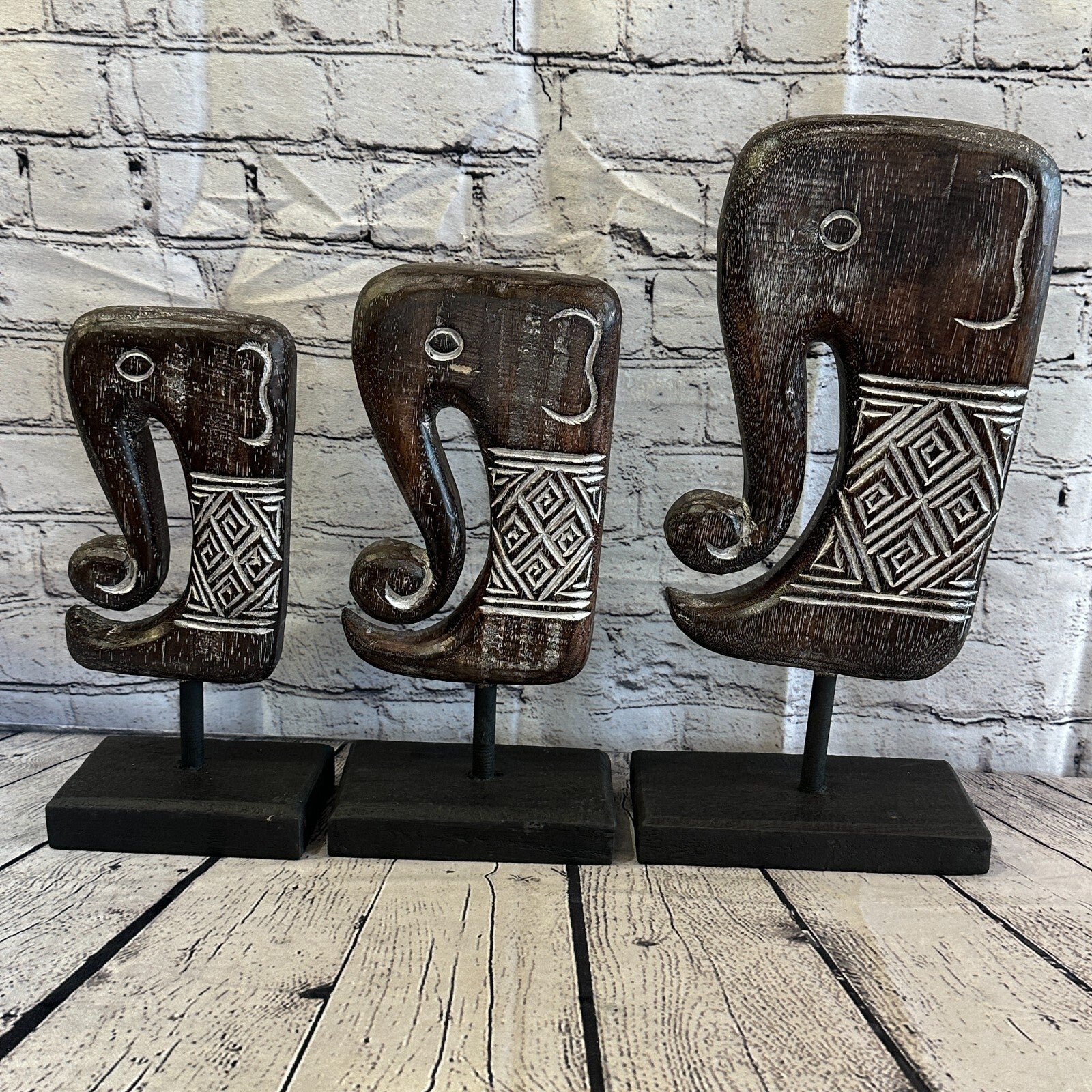 30cm x 14cm Wooden Tribal Primitive Black Elephant Head Stand Sculpture Statue8